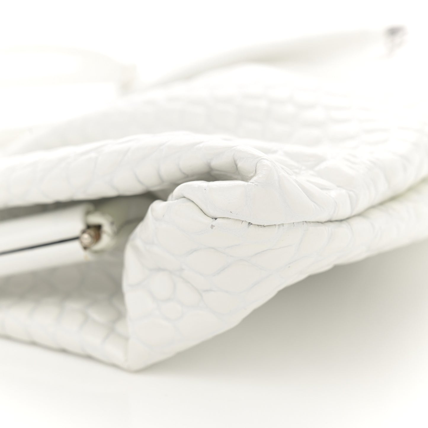 Shiny Supple Calfskin Logo Crocodile Embossed XL Cloud Clutch White