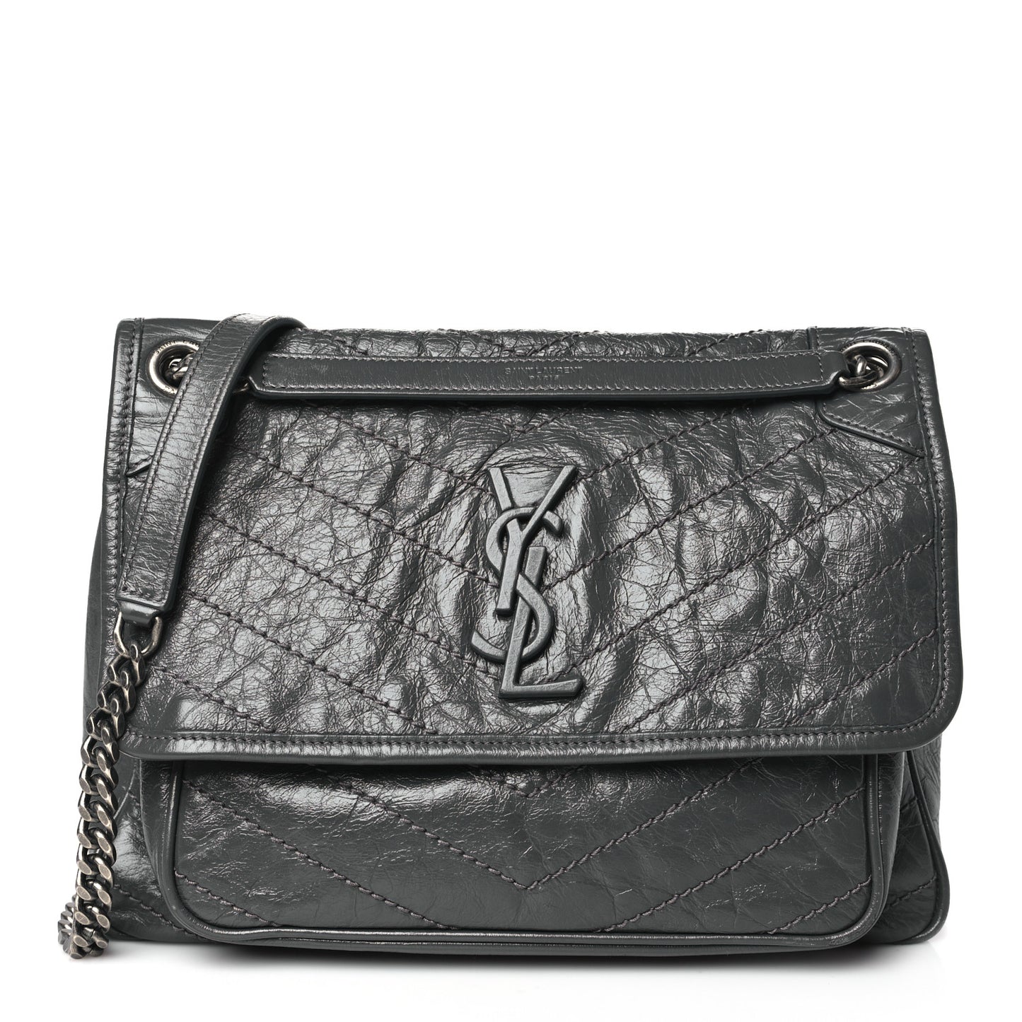 Crinkled Calfskin Matelasse Monogram Medium Niki Chain Satchel Storm