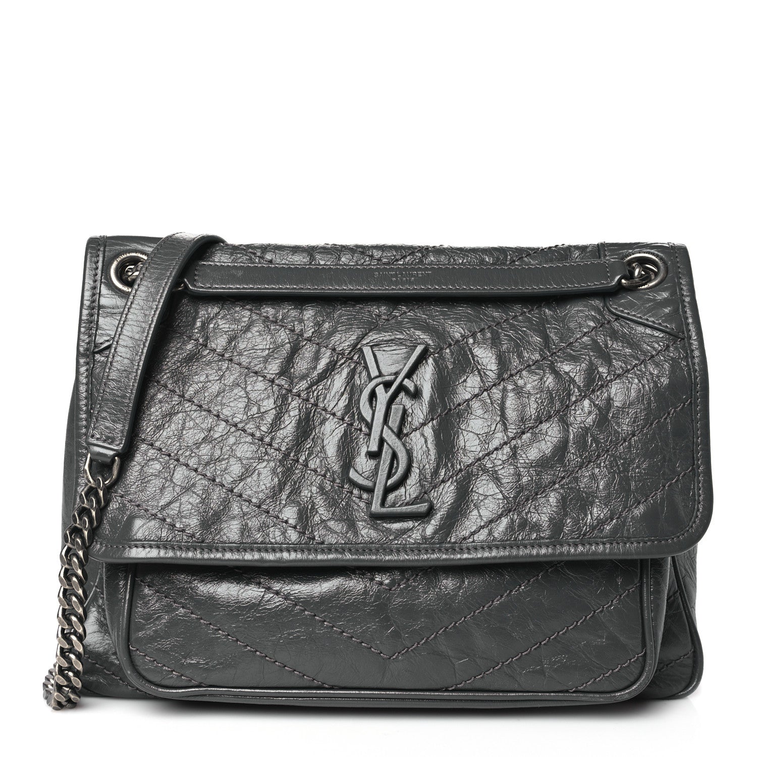 Saint Laurent Crinkled Calfskin Matelasse Monogram Medium Niki Chain Satchel Storm 1 of 10