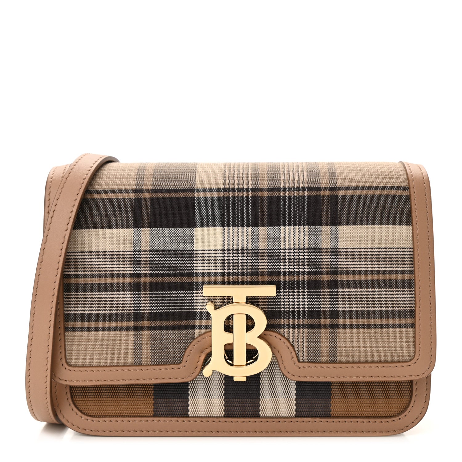 Burberry Calfskin Tartan Print Small TB Bag Light Fawn 1 of 10