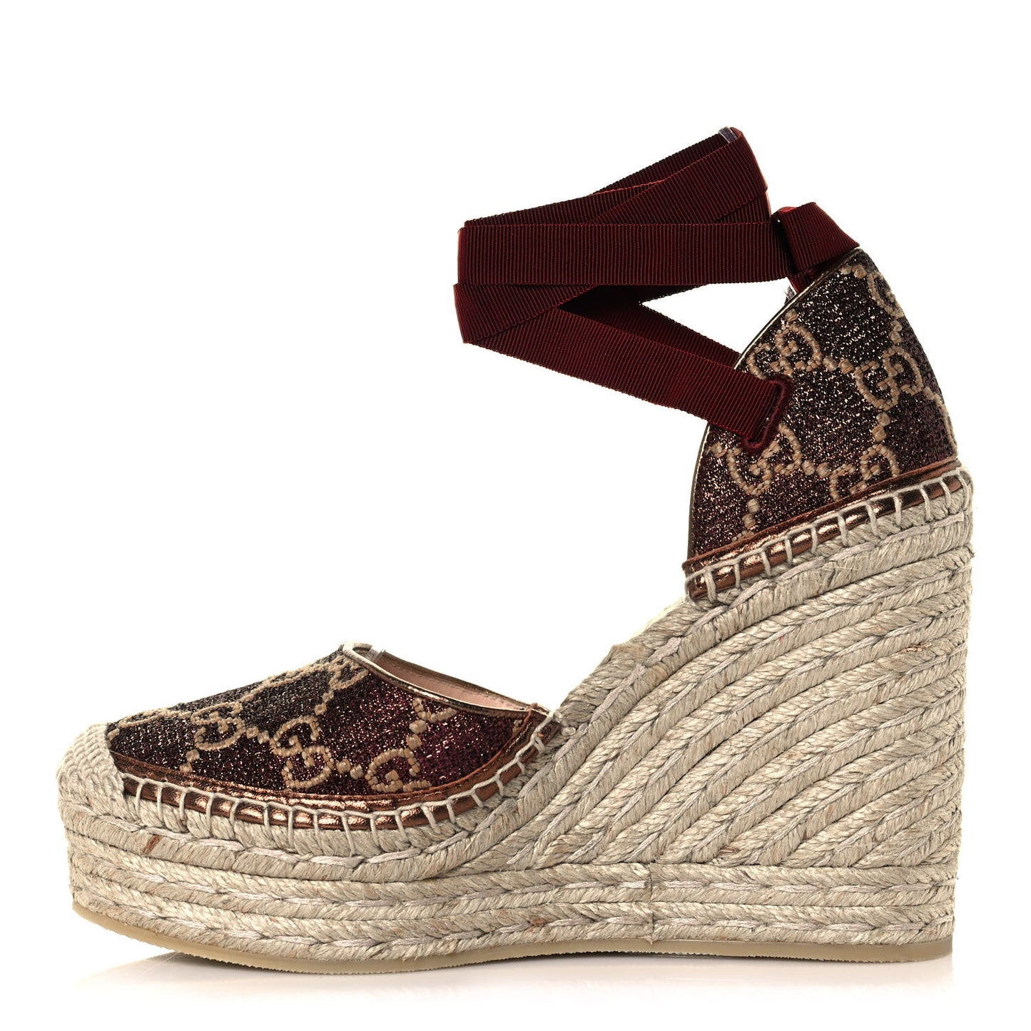 Lame GG Monogram Pilar SIlk Ankle Wrap Platform Espadrille Wedges 38.5 Brown