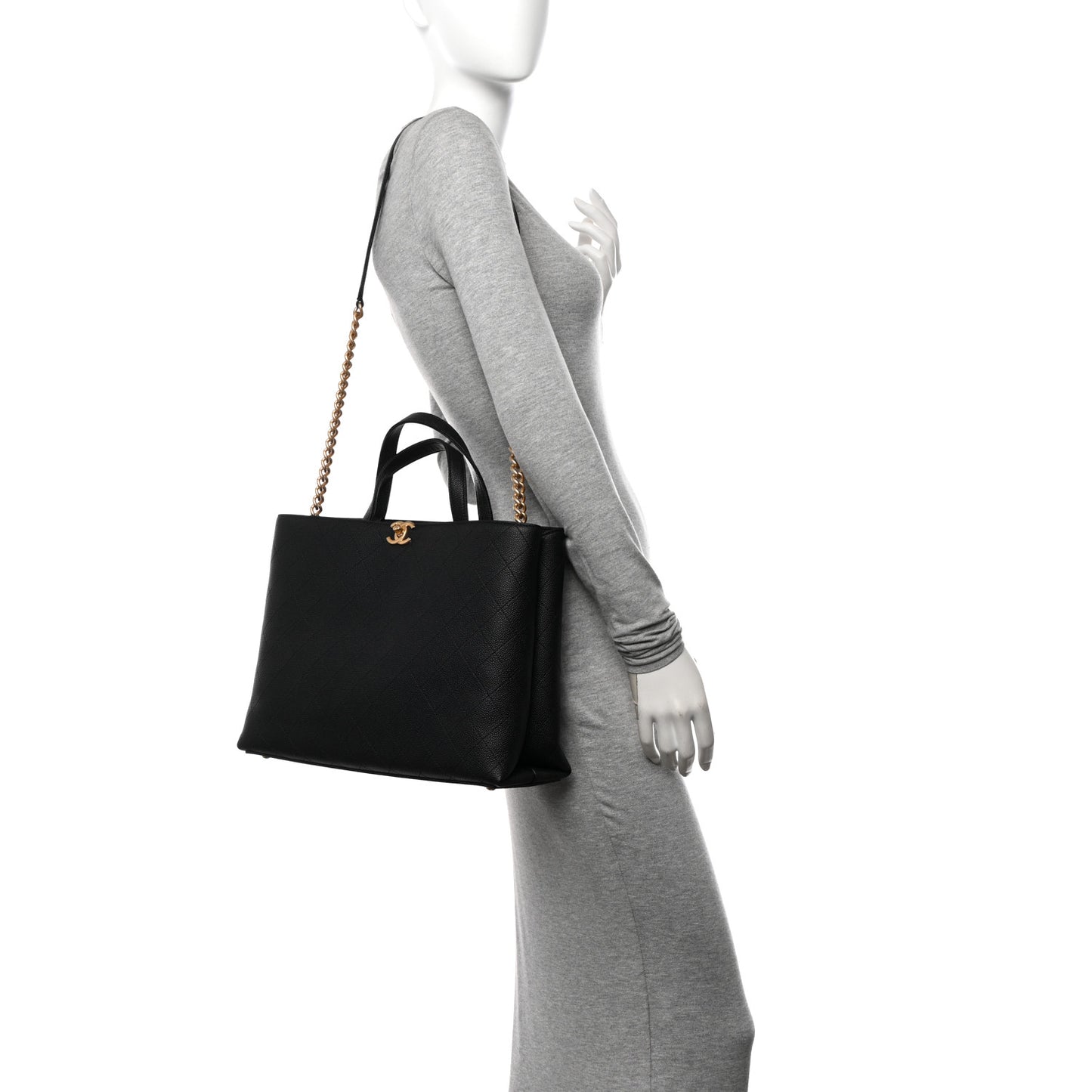 Caviar Stitched Large Shopping Tote Bag Black