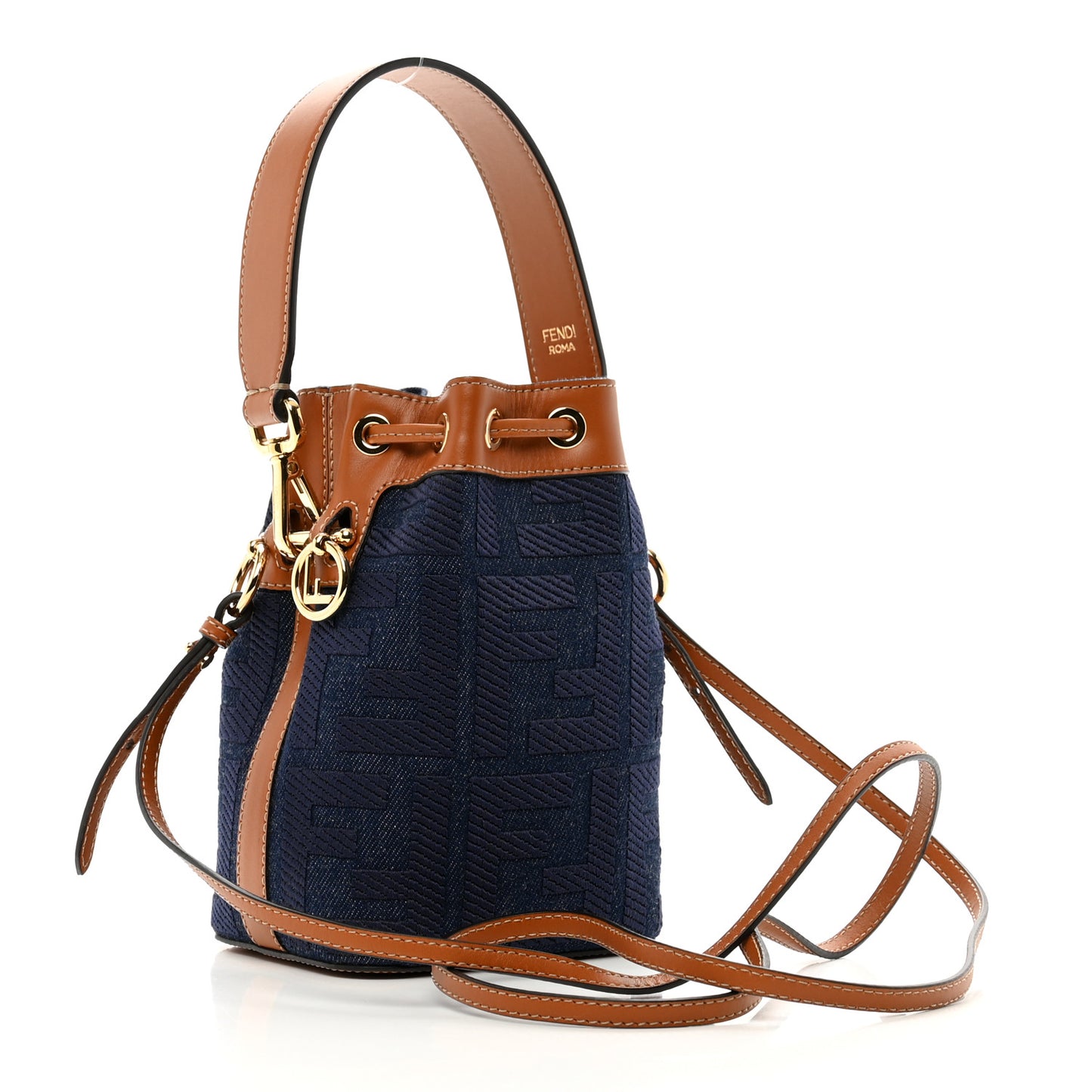 Denim Vitello King F is Fendi FF Embroidered Mini Mon Tresor Bucket Bag Blue Cuoio