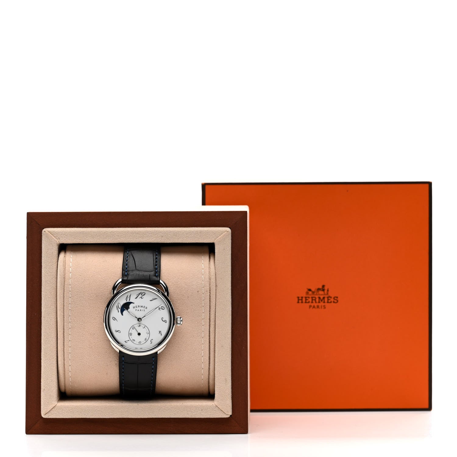 Hermes Stainless Steel Alligator Mother of Pearl 38mm Arceau Petite Lune Automatic Watch Bleu Saphir 5 of 5