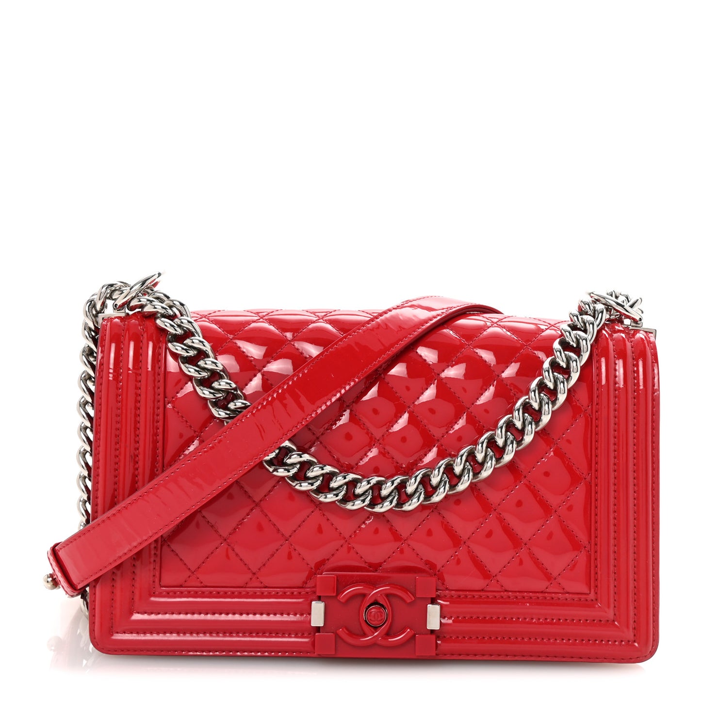 Patent Calfskin Quilted Medium Plexiglass Boy Flap Red