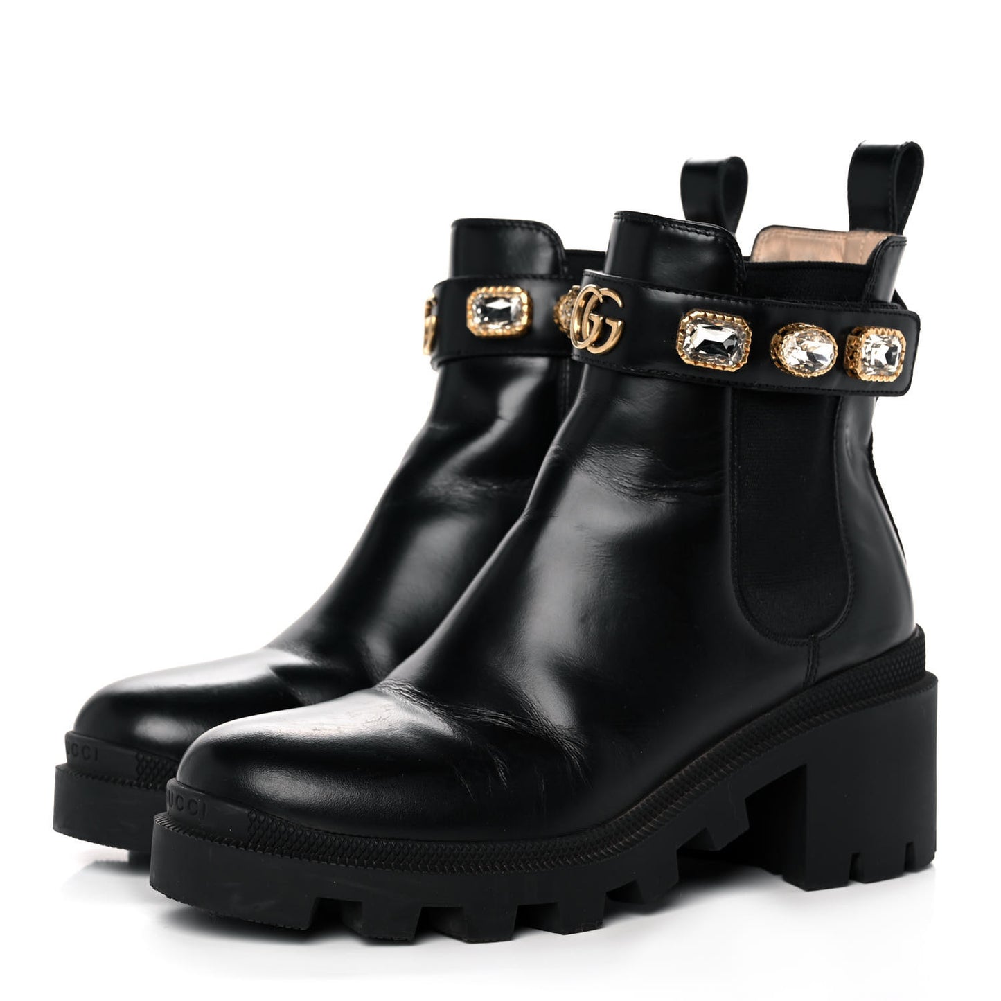 Calfskin Crystal GG Trip Chelsea Ankle Boots 36 Black