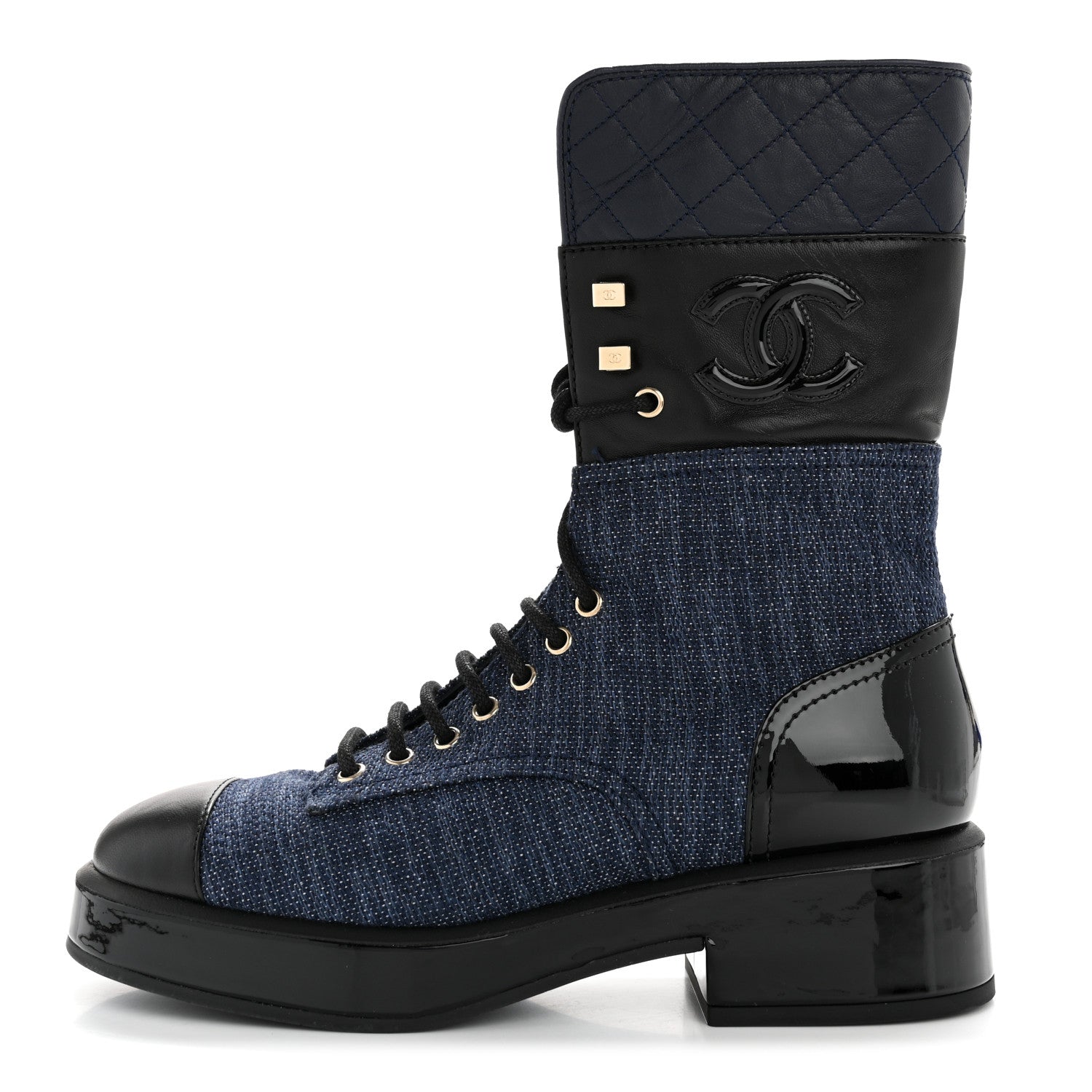 Chanel Denim Patent Lambskin Quilted CC Lace Up Combat Boots 38 Blue Black 1 of 10