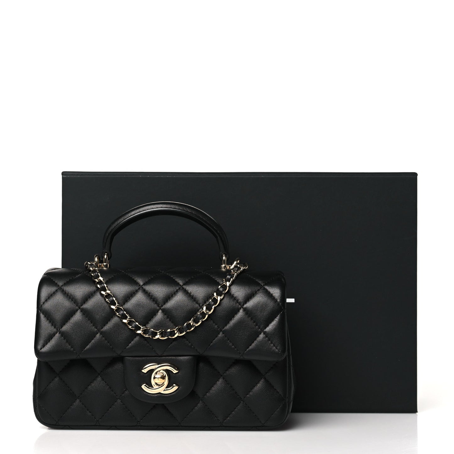 Lambskin Quilted Mini Top Handle Rectangular Flap Black