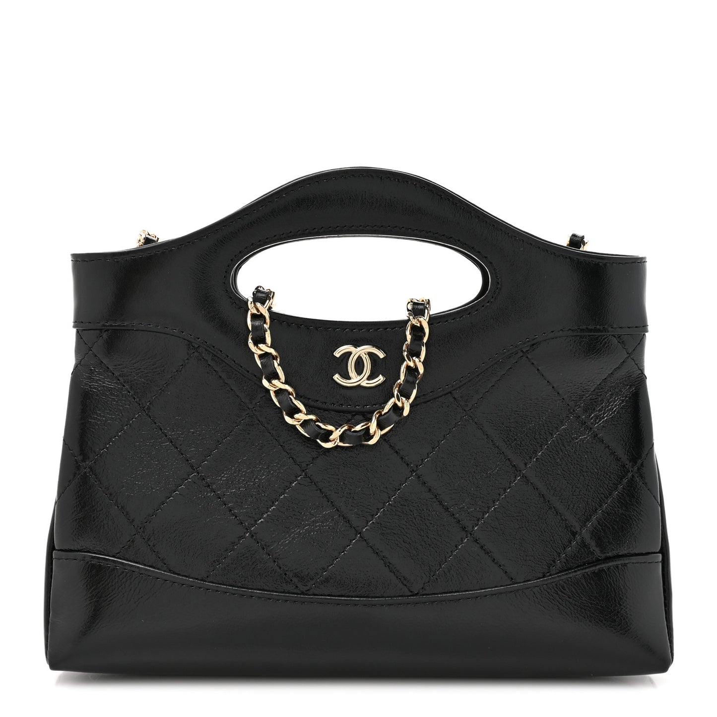 Shiny Crumpled Calfskin Quilted Nano 31 Shopping Bag Black