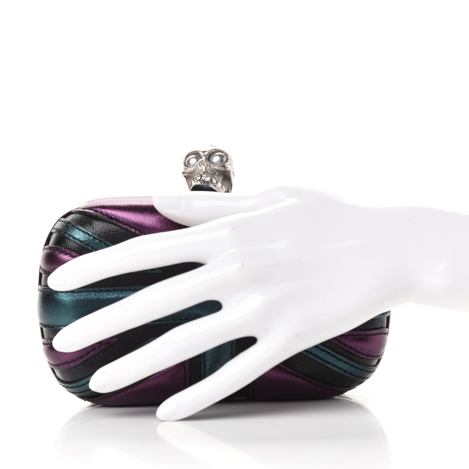 Alexander McQueen Metallic Saffiano Britannia Skull Box Clutch Green Black Purple 2 of 10