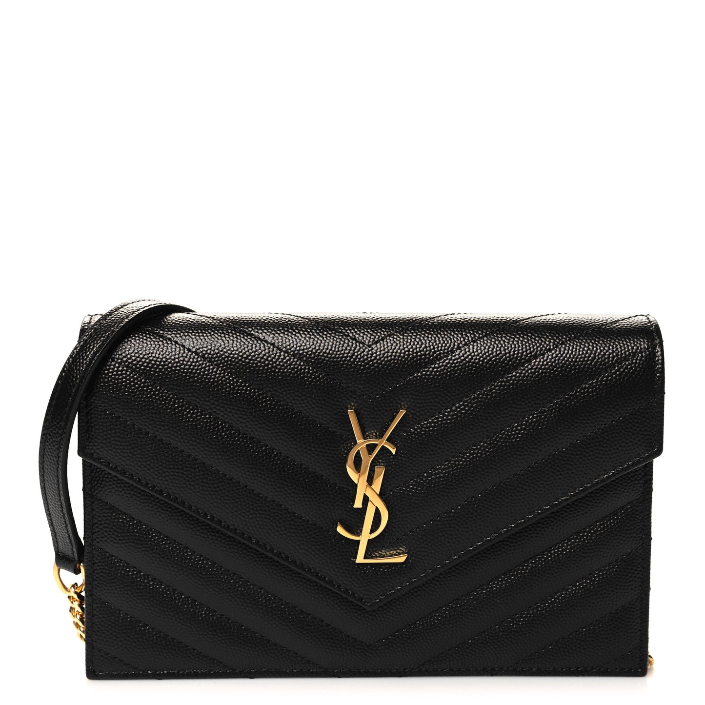 Grain De Poudre Matelasse Chevron Monogram Envelope Chain Wallet Black
