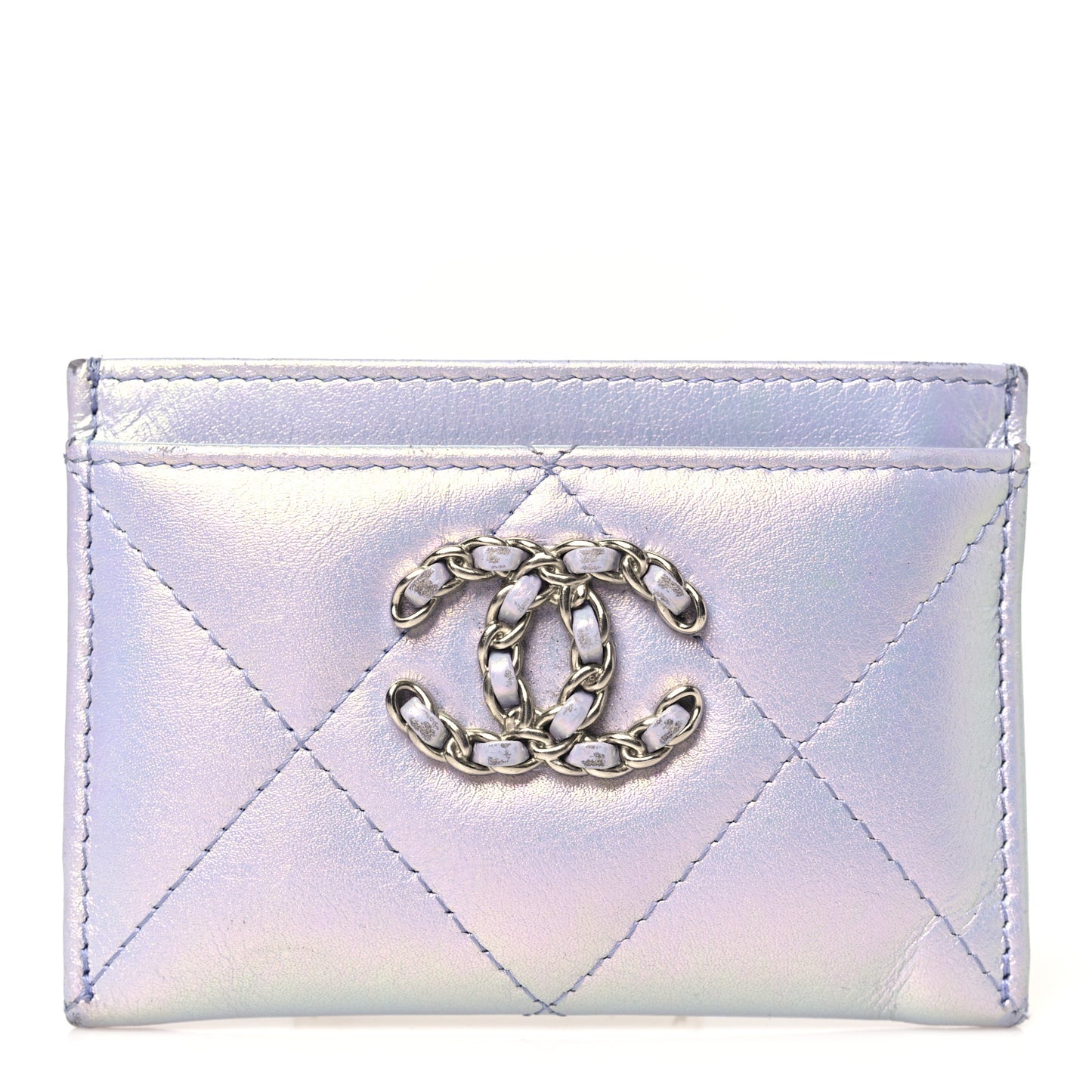 Iridescent Calfskin Quilted Chanel 19 Card Holder Light Purple