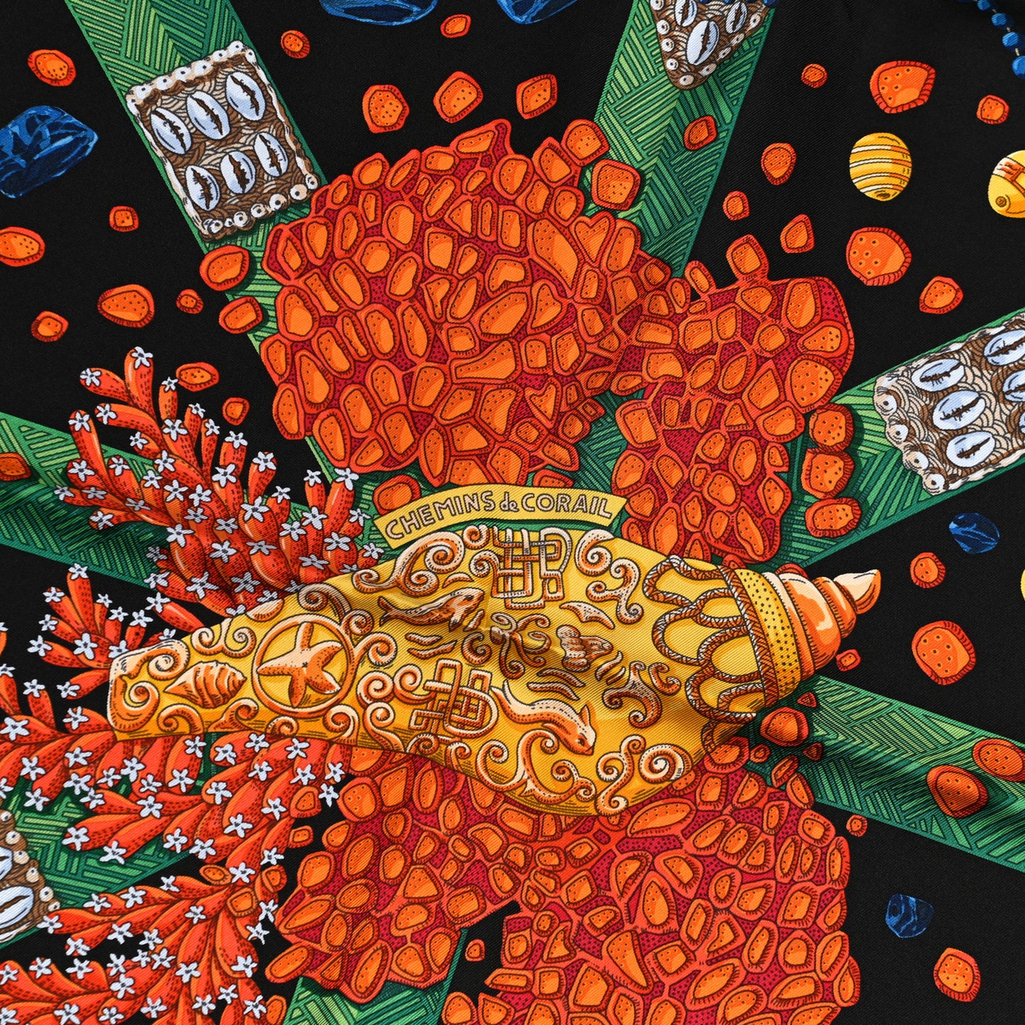 Silk Chemins De Corail Scarf 90 Black Vert Jaune Vif
