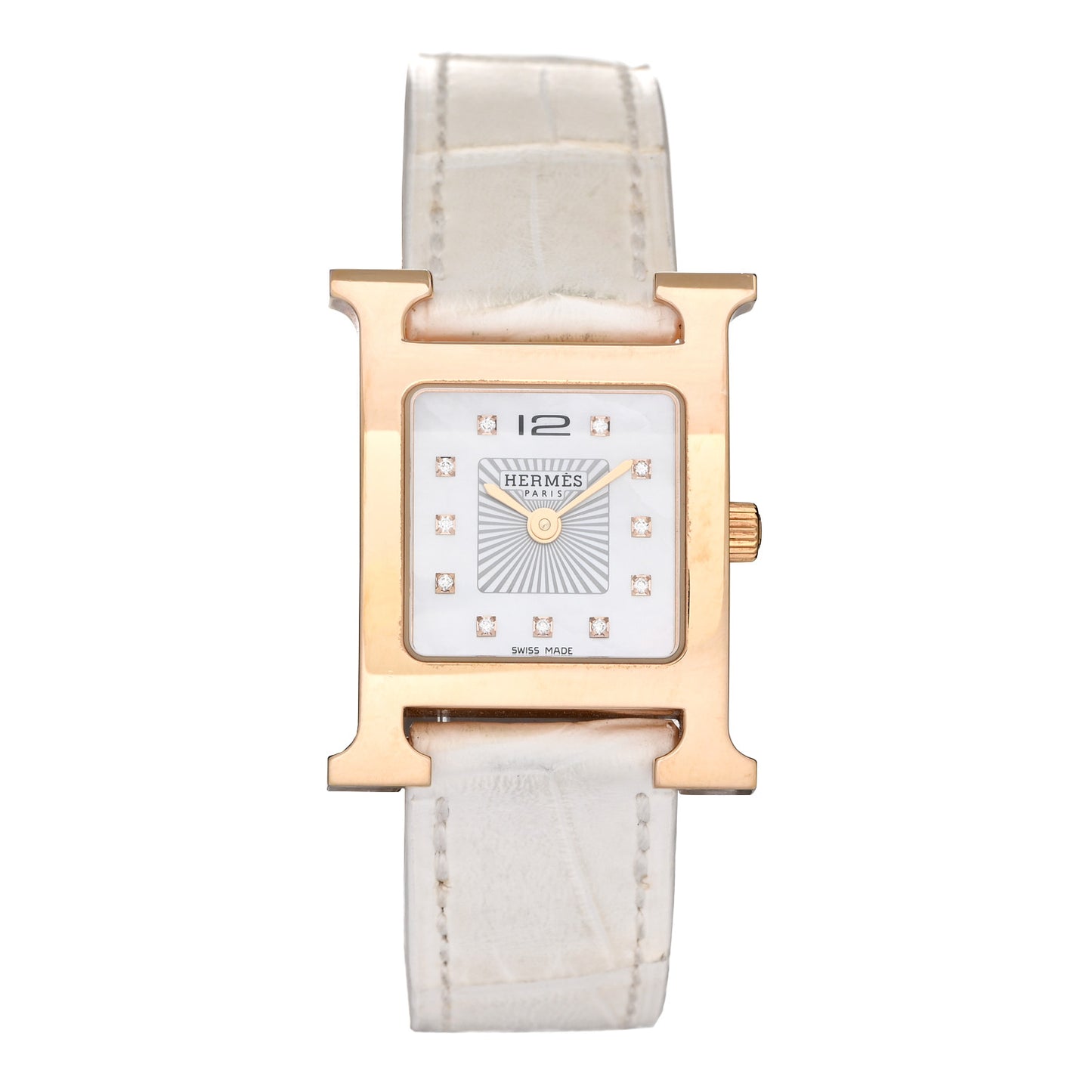 Stainless Steel Alligator Diamond Mother of Pearl 21mm Heure H Hour Quartz Watch Blanc