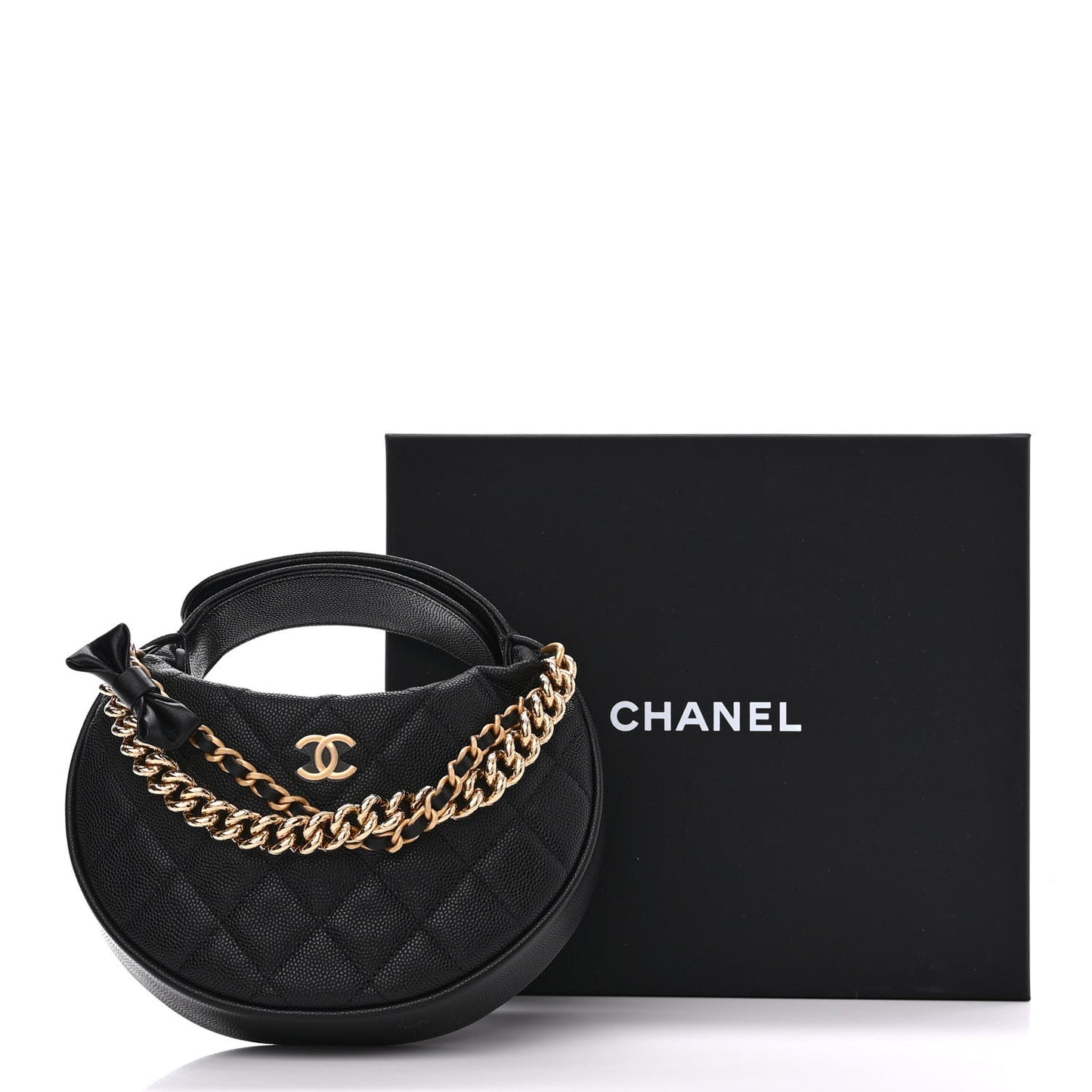 Shiny Caviar Quilted Bow Pouch Hobo Black