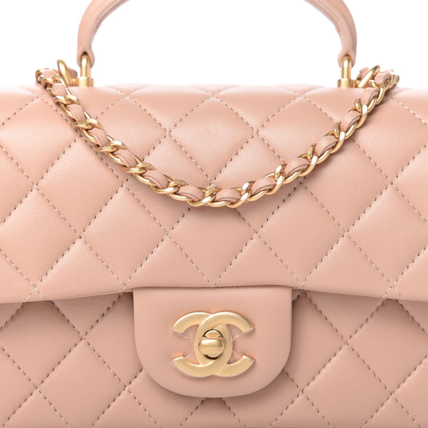Lambskin Quilted Mini Top Handle Rectangular Flap Beige