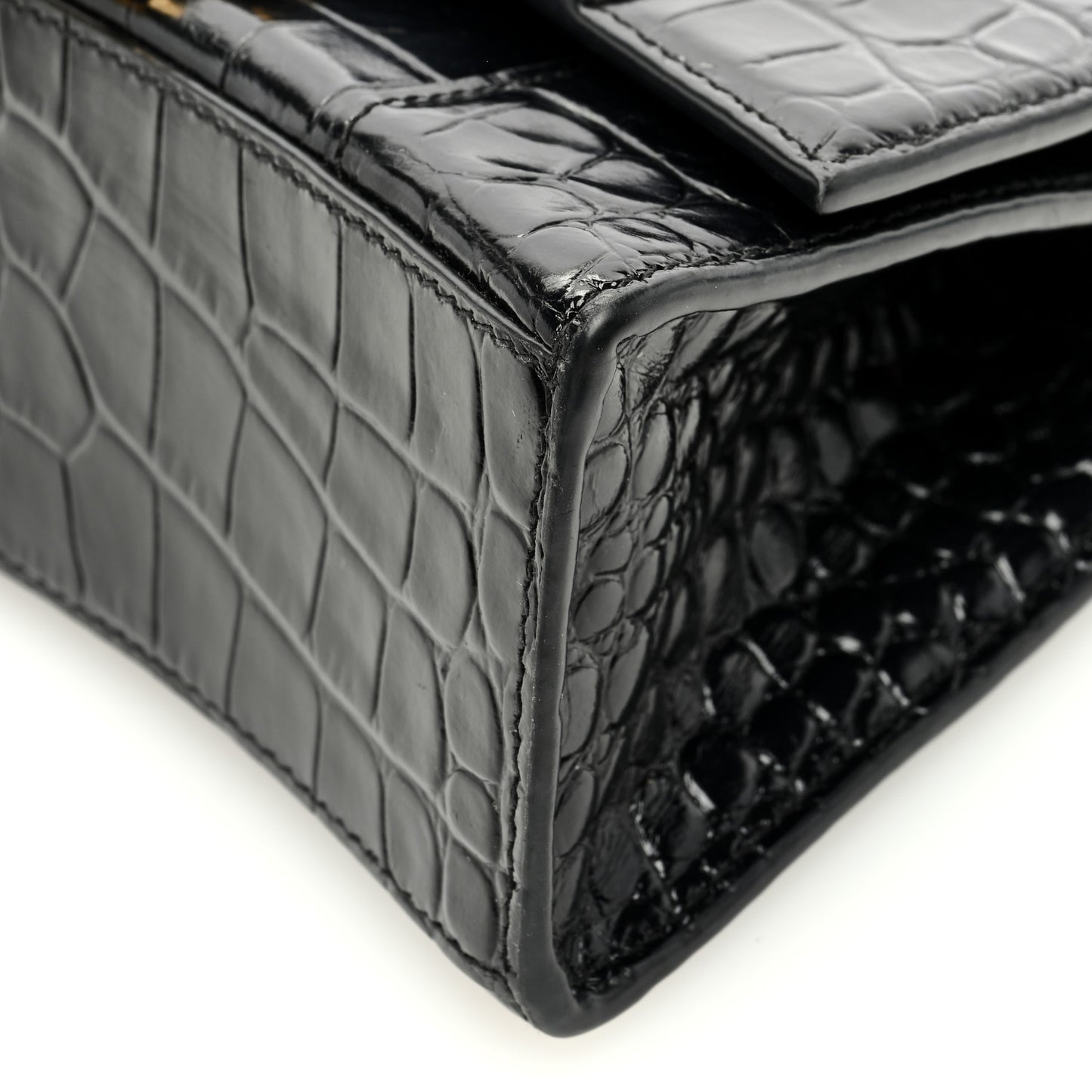 Shiny Calfskin Crocodile Embossed Hourglass Top Handle Bag XS Black
