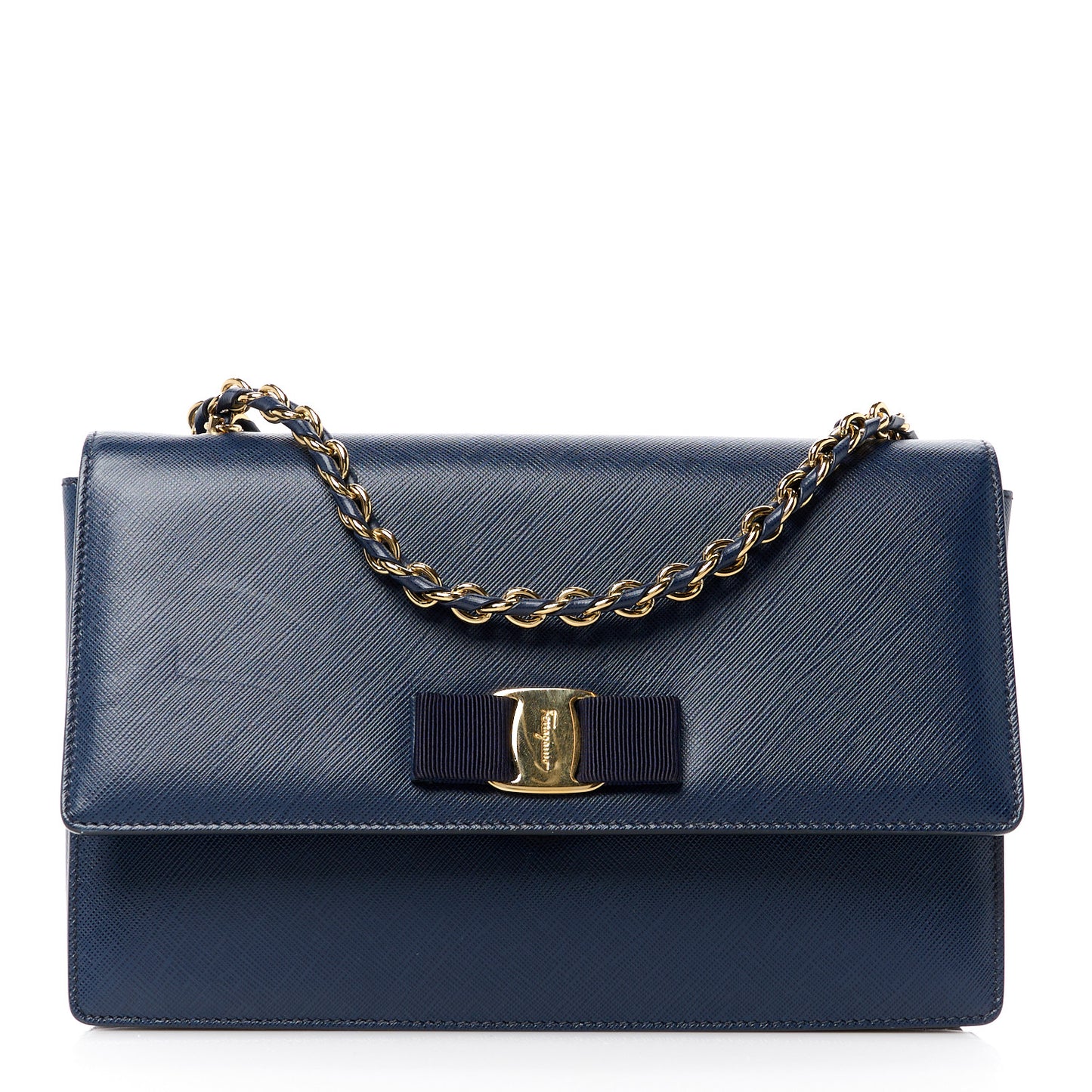 Printed Calfskin Vara Bow Chain Flap Crossbody Navy