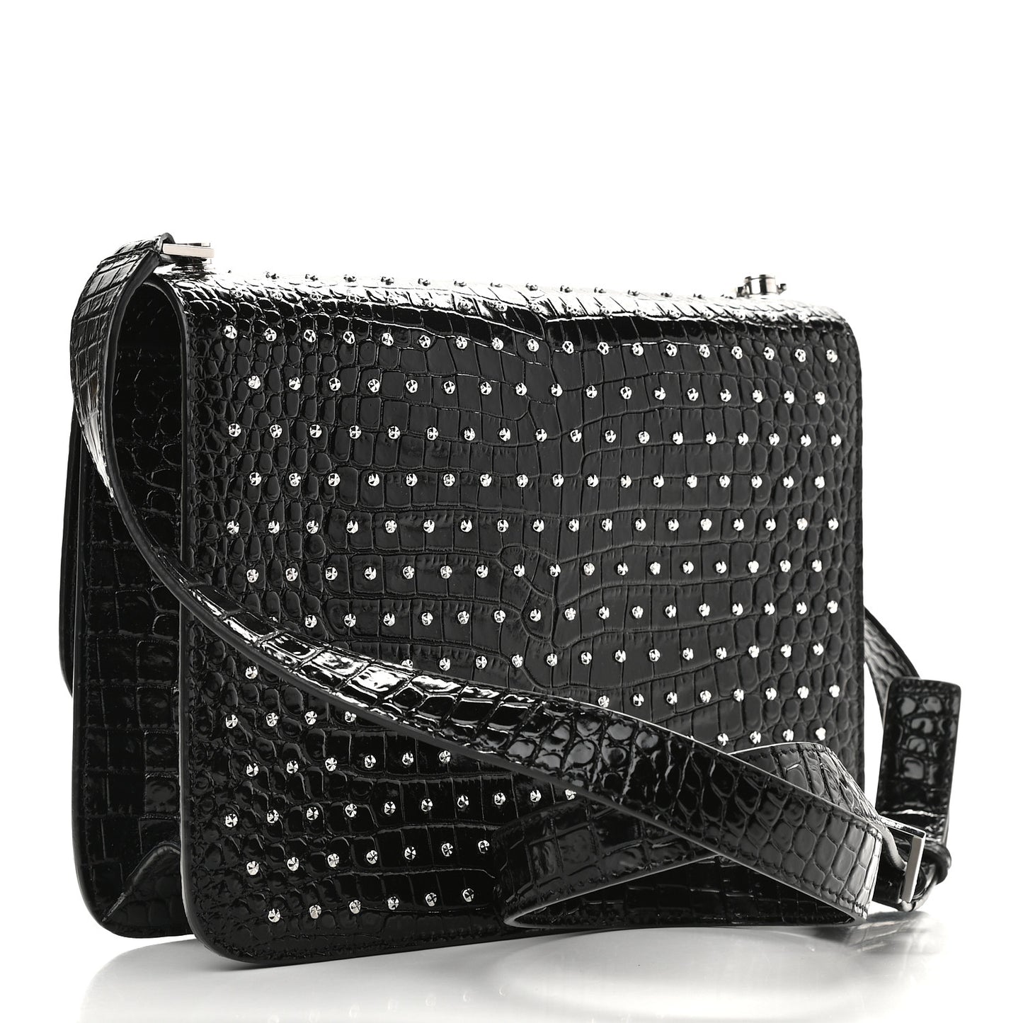 Crocodile Embossed Calfskin Crystal Embellished Carre Satchel Black
