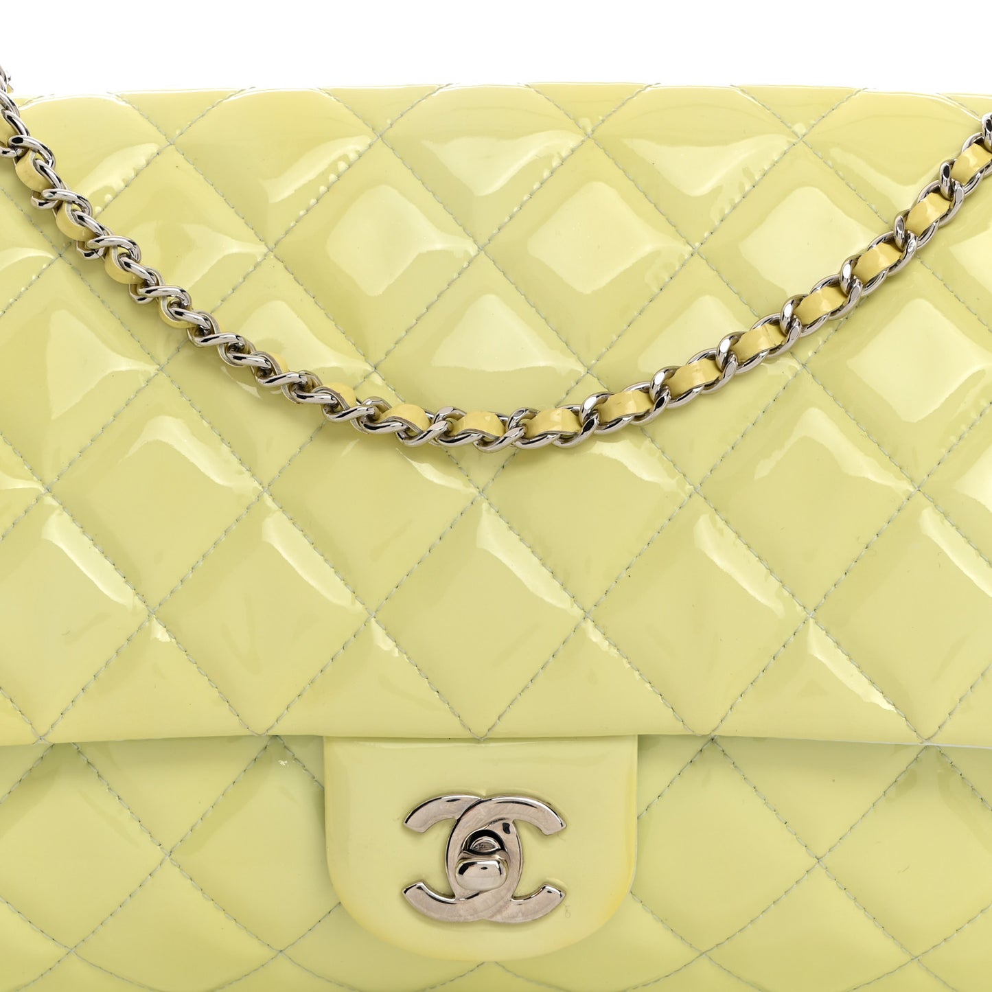 Patent Quilted Clutch With Chain Flap Light Green