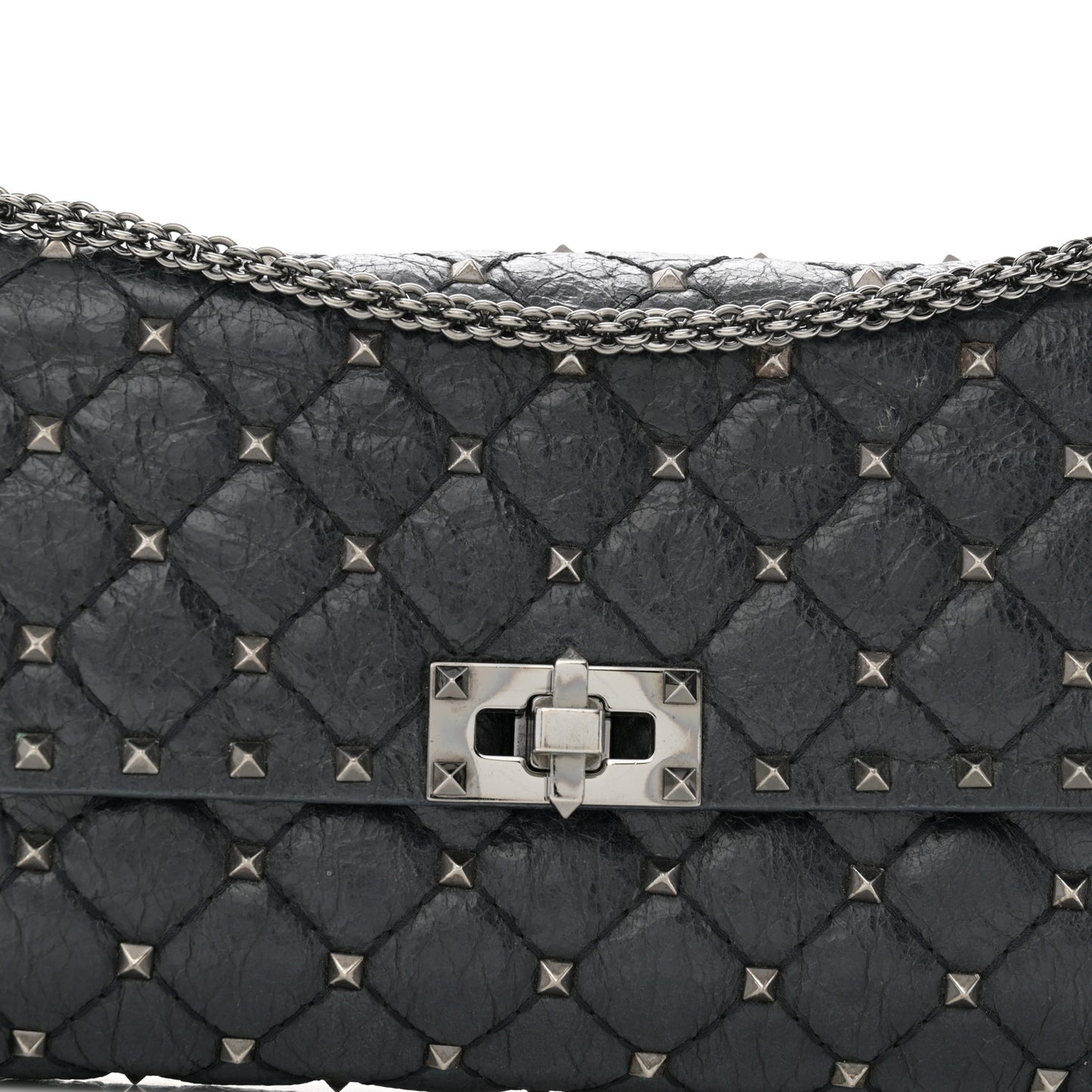 Craquele Nappa Rockstud Spike Wallet on Chain Black