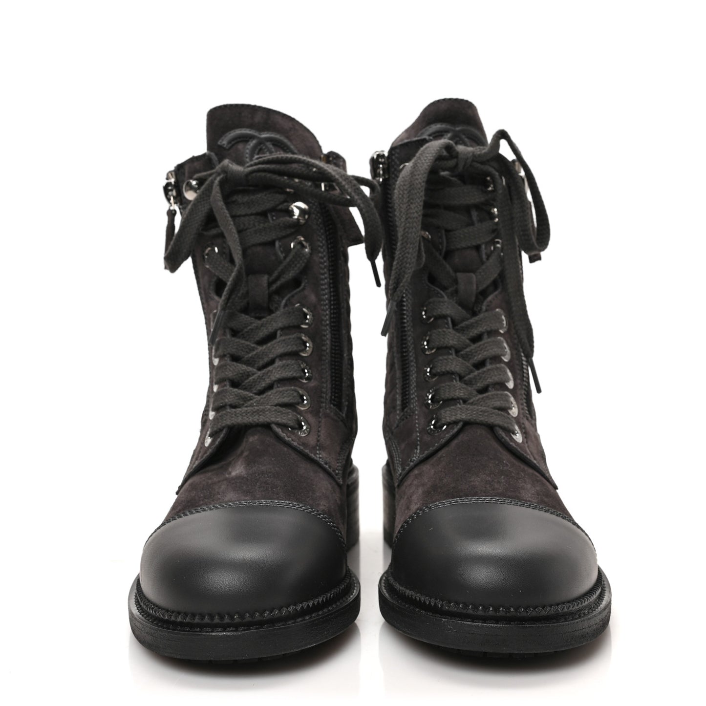 Suede Calfskin Quilted Lace Up Boots 36.5 Grey