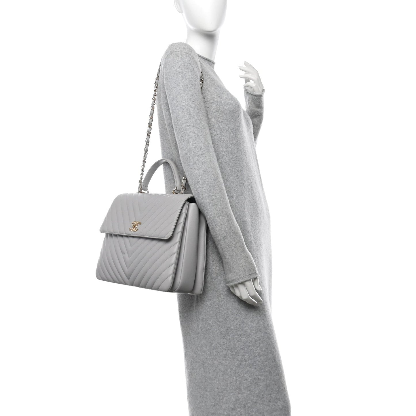 Lambskin Chevron Quilted Large Trendy CC Dual Handle Flap Bag Grey
