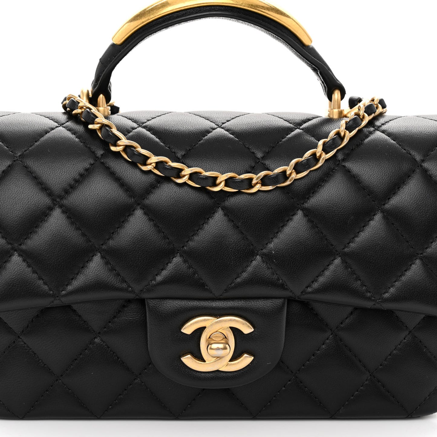 Lambskin Quilted Metal Mini Top Handle Rectangular Flap Black
