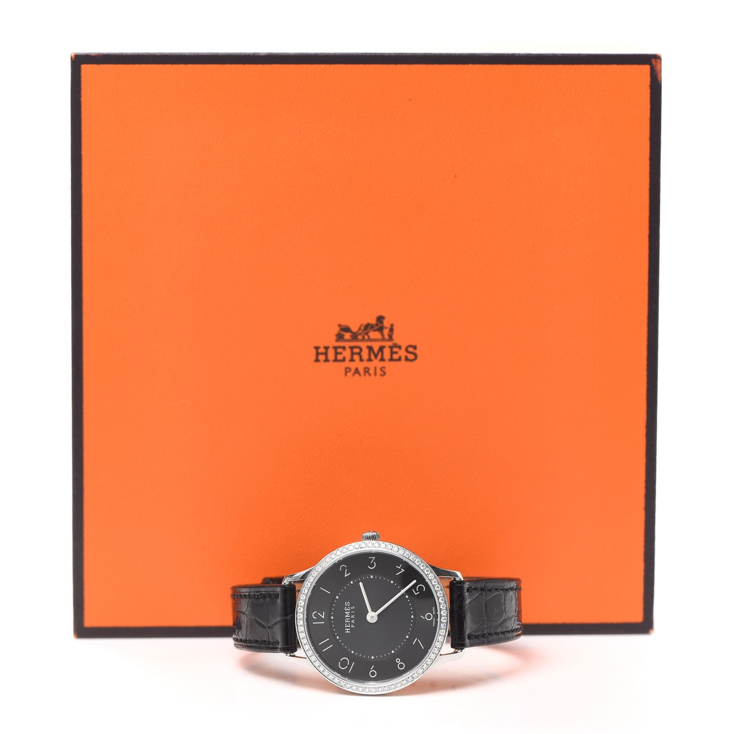 Stainless Steel Alligator Diamond 25mm Slim d'Hermes Quartz Watch Noir
