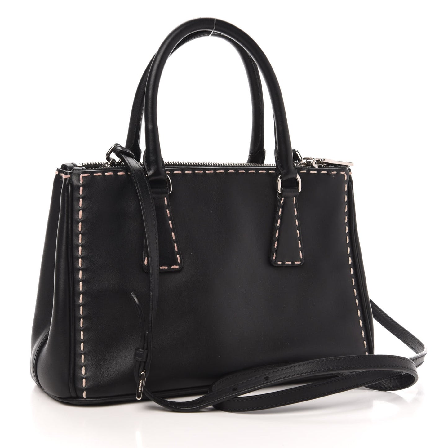 City Calf Mini Hand Stitched Galleria Double Zip Tote Black