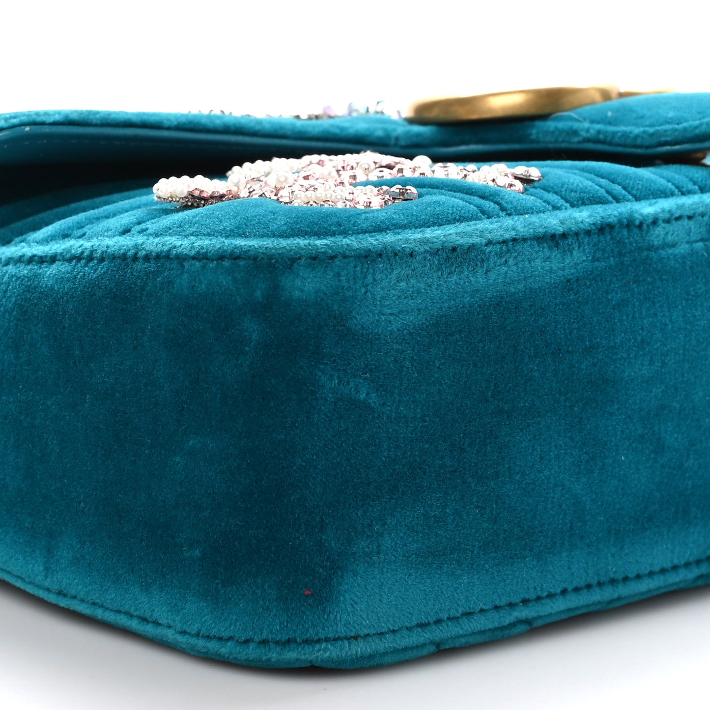 Velvet Matelasse Embroidered Small GG Marmont Shoulder Bag Pavone Cyan