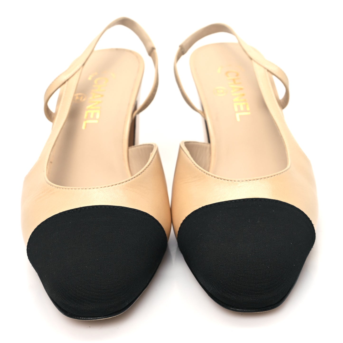 Goatskin Grosgrain Cap Toe CC Slingback Pumps 41 Beige Black