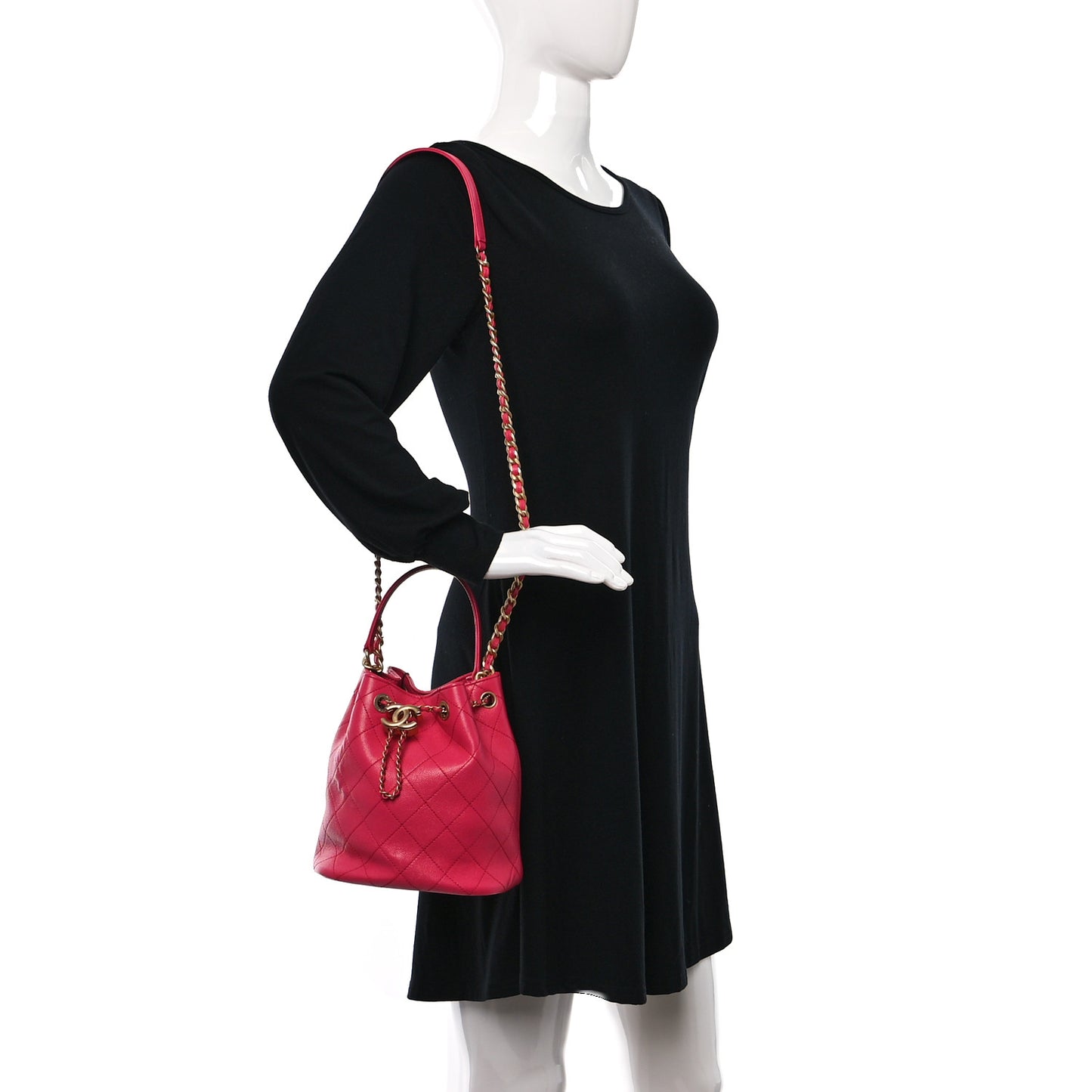 Caviar Quilted Fashion Therapy Bucket Drawstring Bag Dark Pink