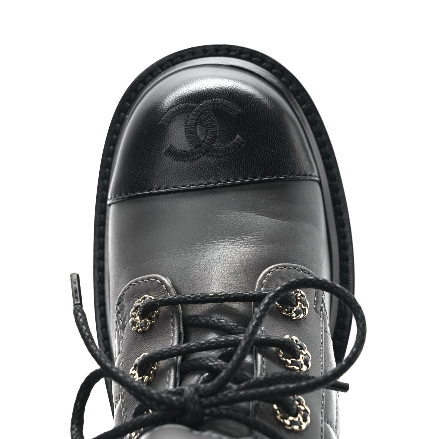 Shiny Lambskin Quilted Lace Up Combat Boots 36 Grey Black