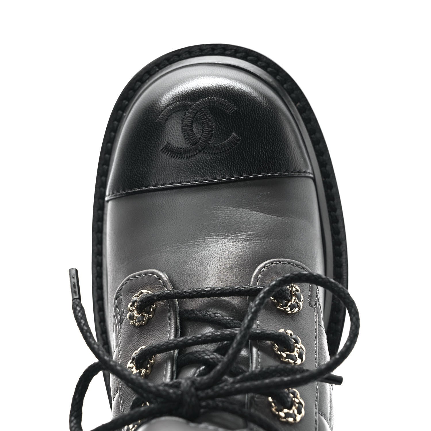 Chanel Shiny Lambskin Quilted Lace Up Combat Boots 36 Grey Black 10 of 11