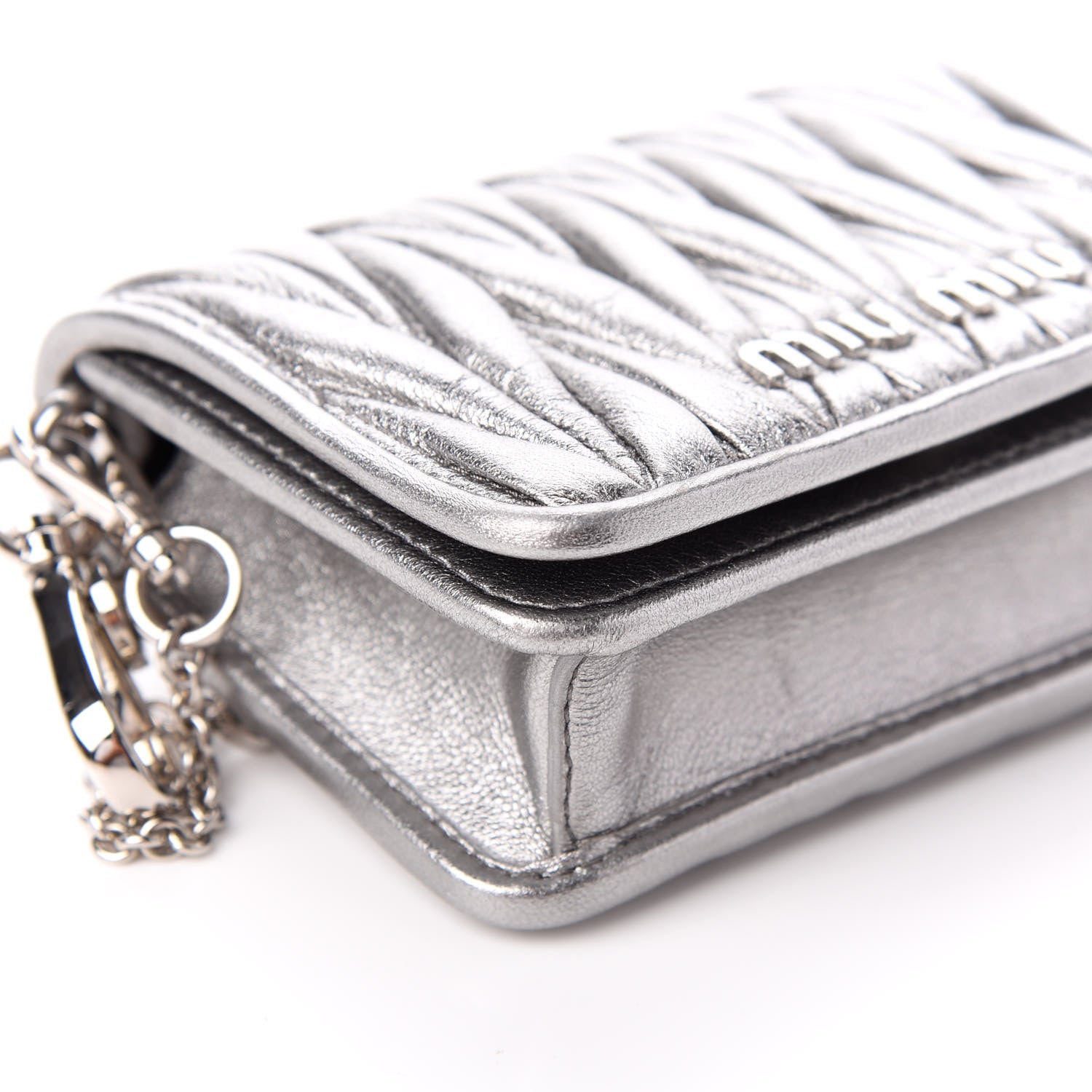 Miu Miu Nappa Matelasse Crystal Chain Card Holder Cromo 8 of 9