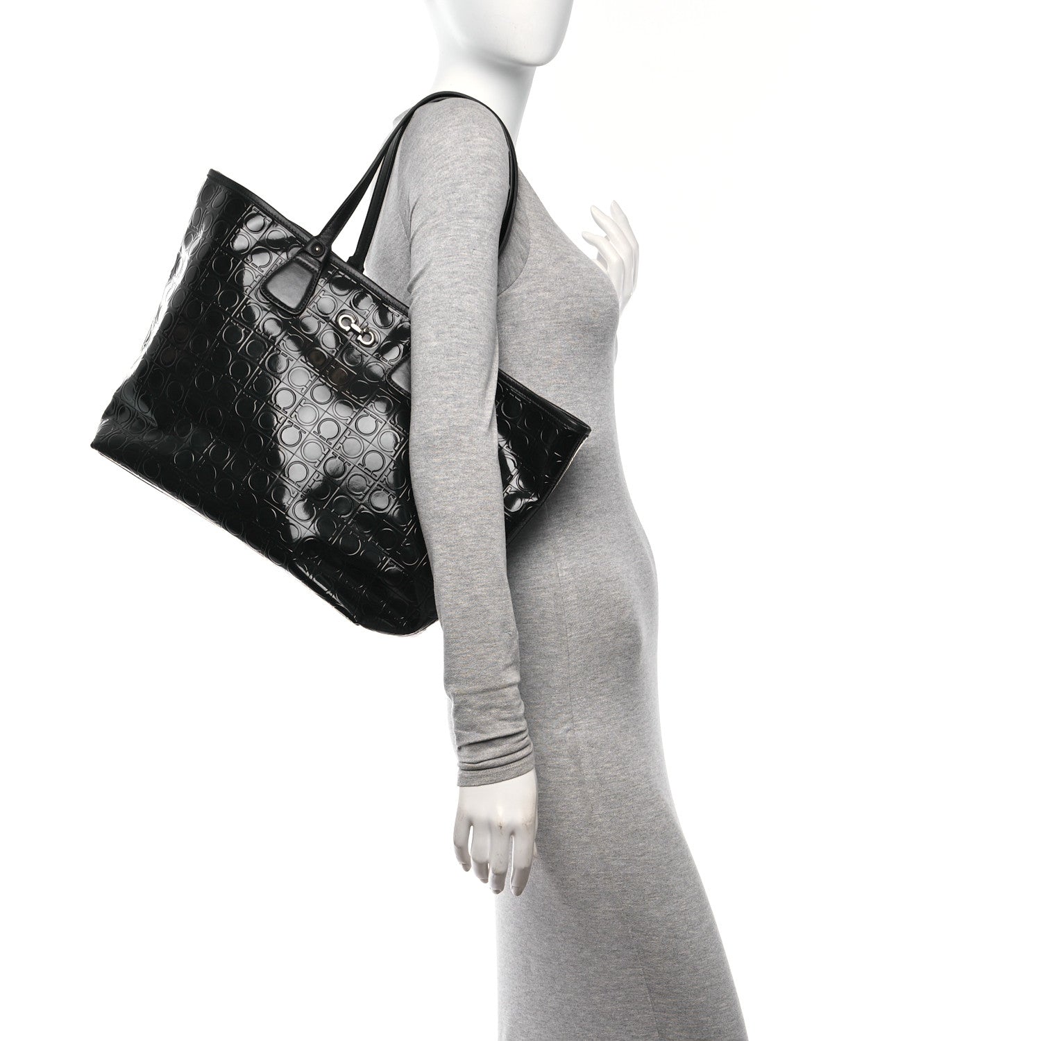 Salvatore Ferragamo Patent Gancini Embossed Tote Black 3 of 9