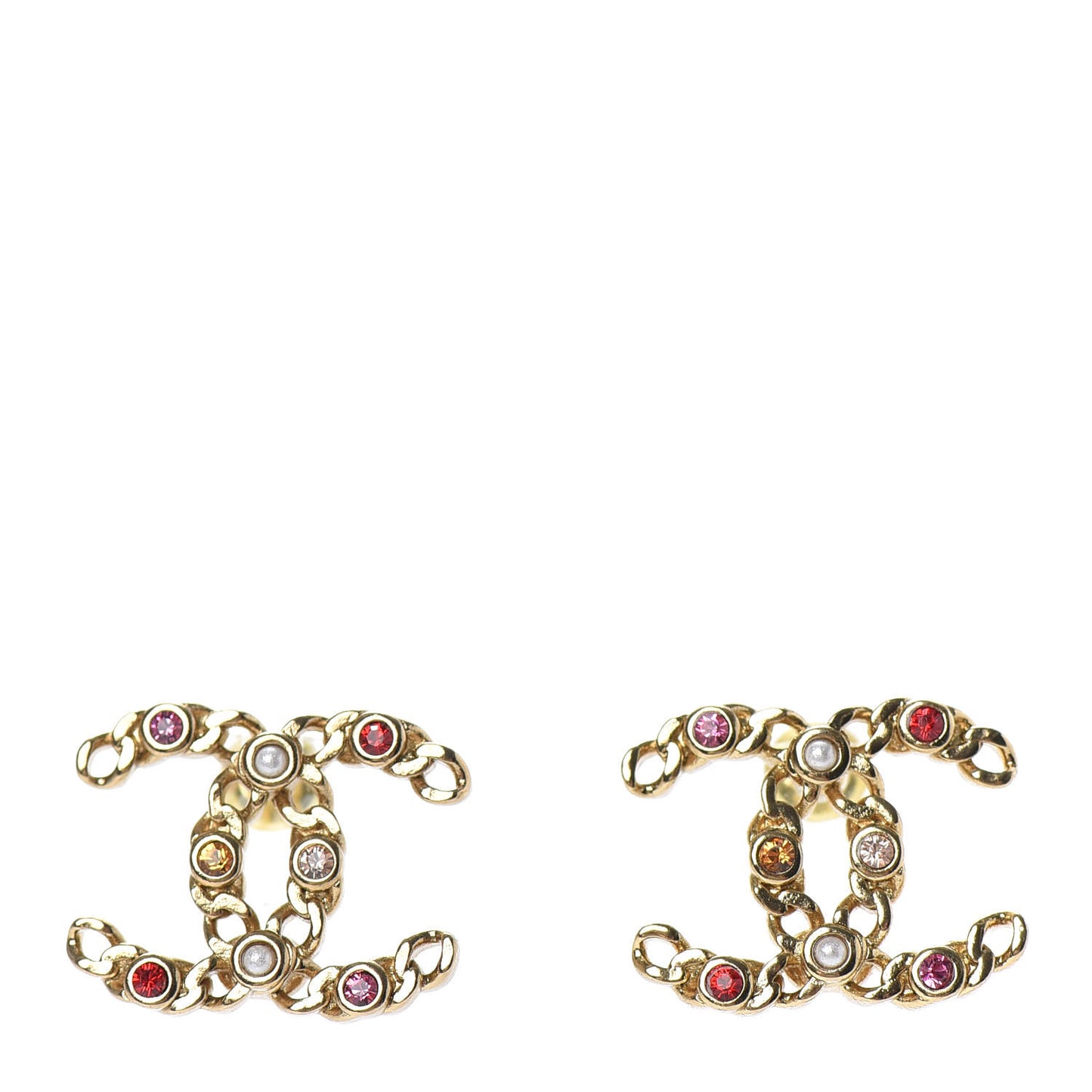Pearl Crystal Chain Link CC Earrings Gold Red Pink Yellow