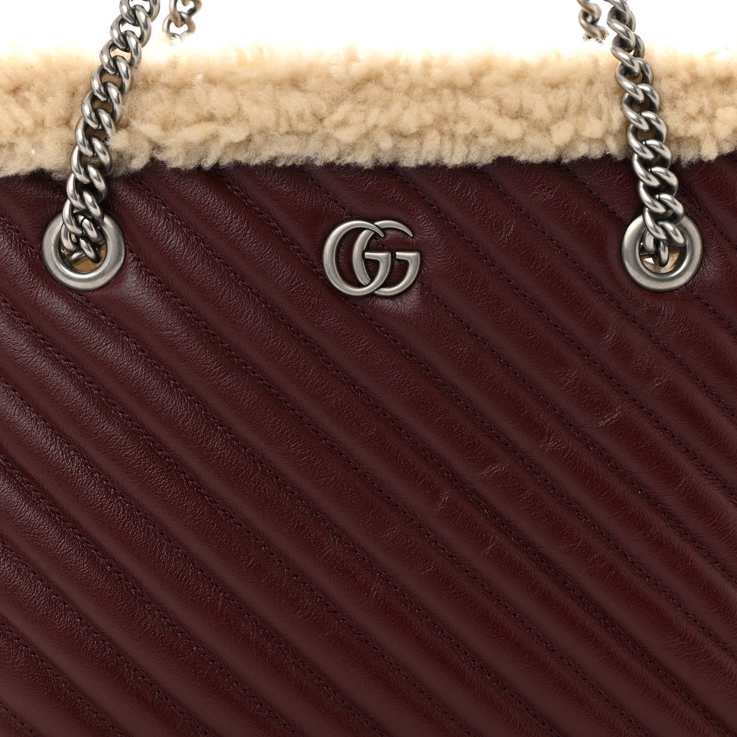 Azalea Calfskin Matelasse Diagonal Shearling Medium GG Marmont Shoulder Tote Bordeaux Sand Desert