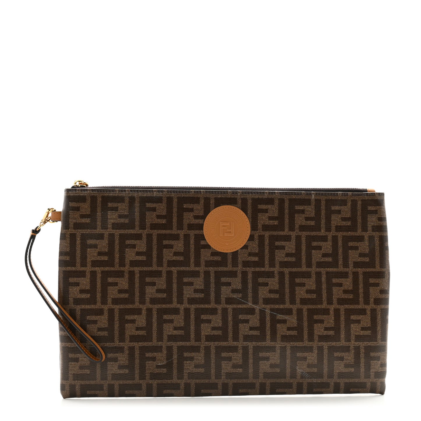 Glazed Fabric Vitello Century FF 1974 Stamp Patch Large Flat Pouch Mogano Panna Caramello