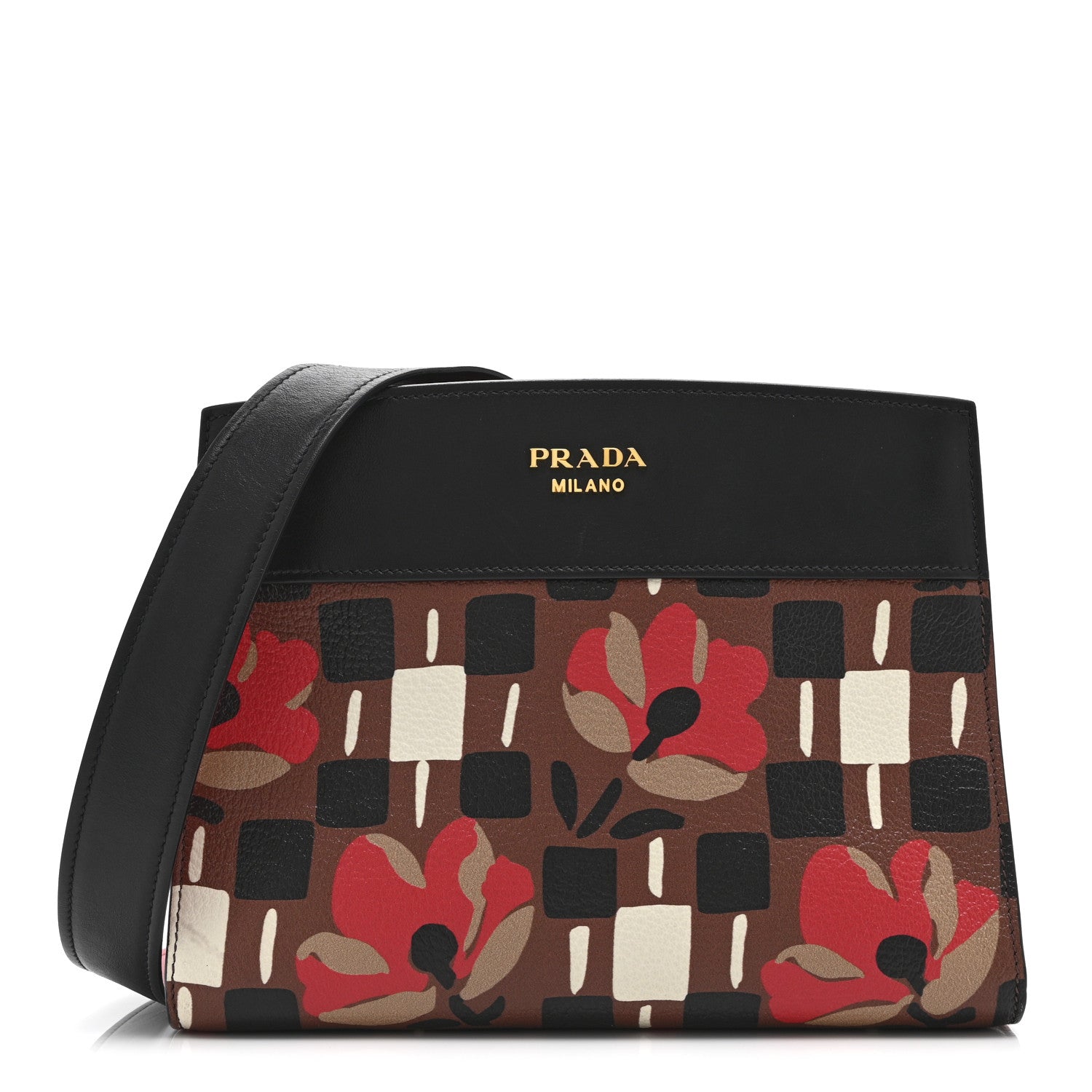 Prada Goatskin Floral Print Bibliotheque Shoulder Bag Tabacco