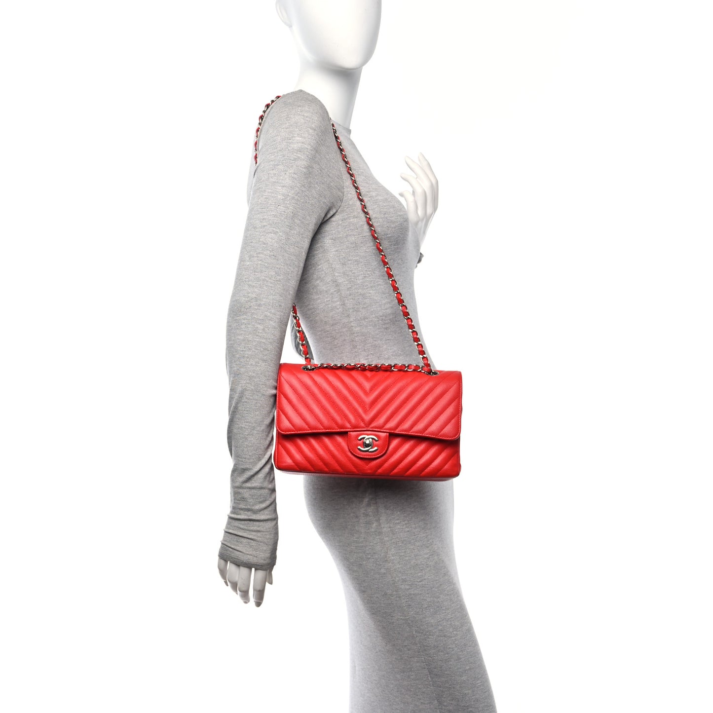Caviar Chevron Quilted Medium Double Flap Red