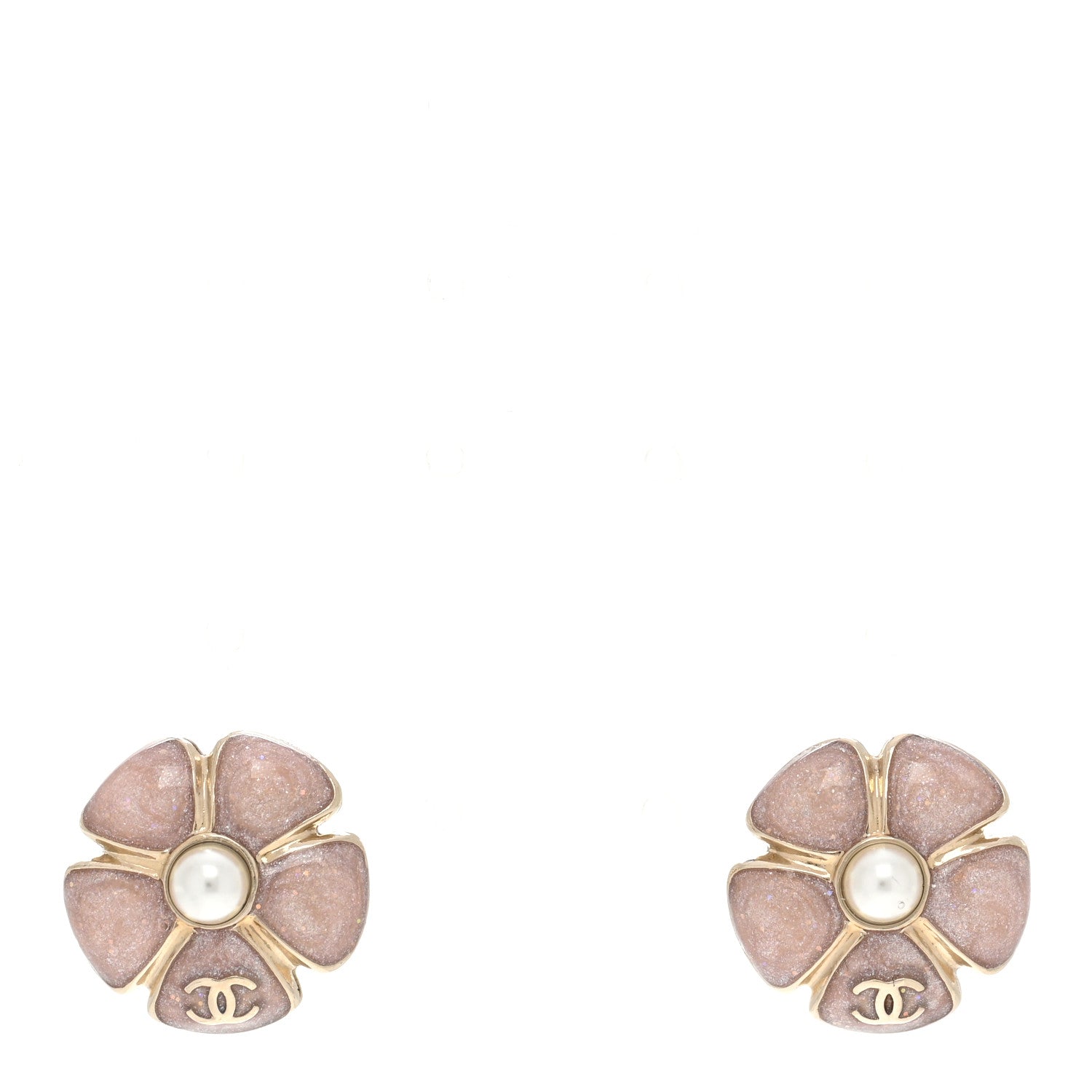 Chanel Glitter Enamel Pearl Flower CC Earrings Pink Gold 1972699