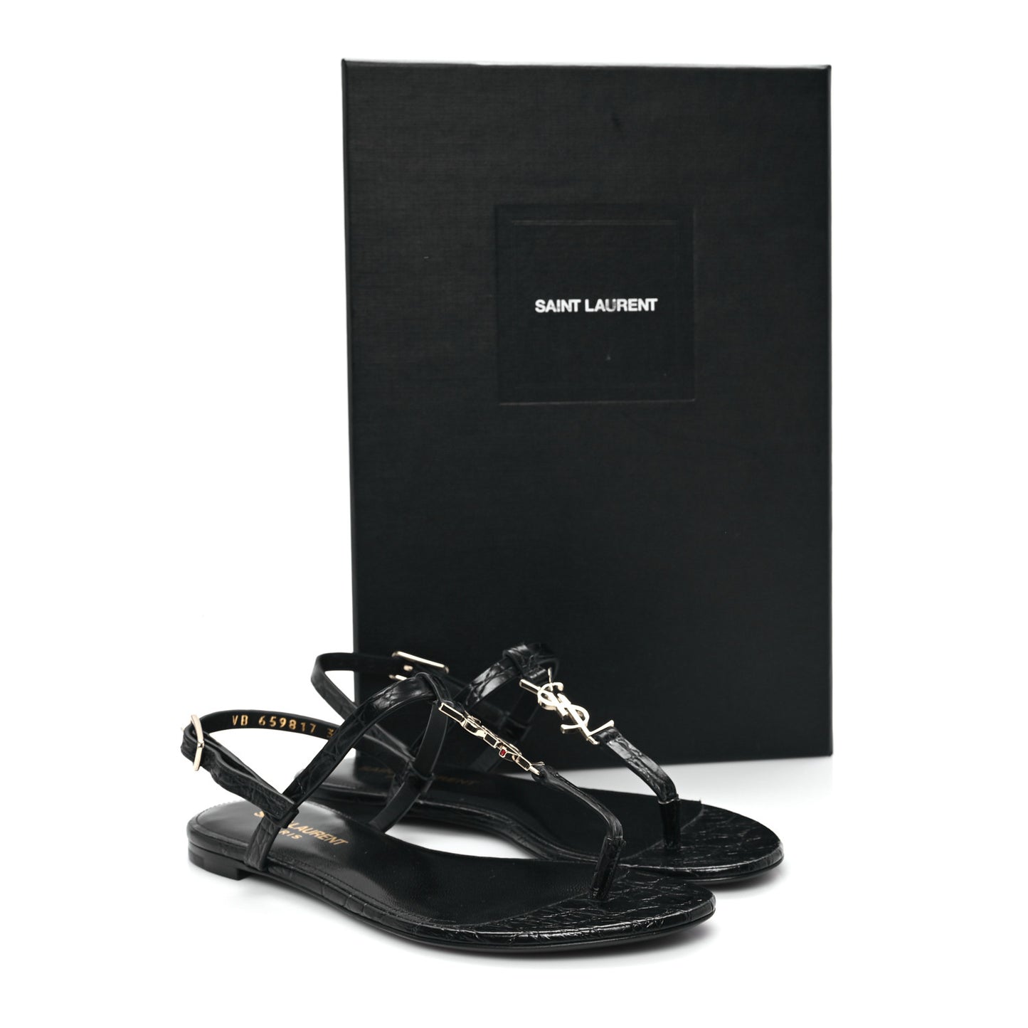 Calfskin Crocodile Embossed Cassandra Monogram Sandals 35.5 Black