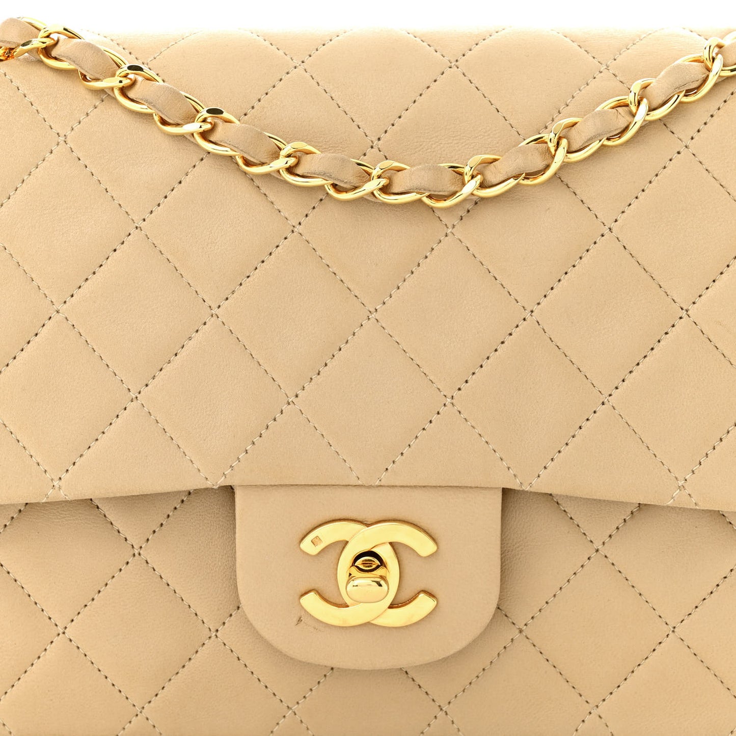 Lambskin Quilted Medium Double Flap Beige