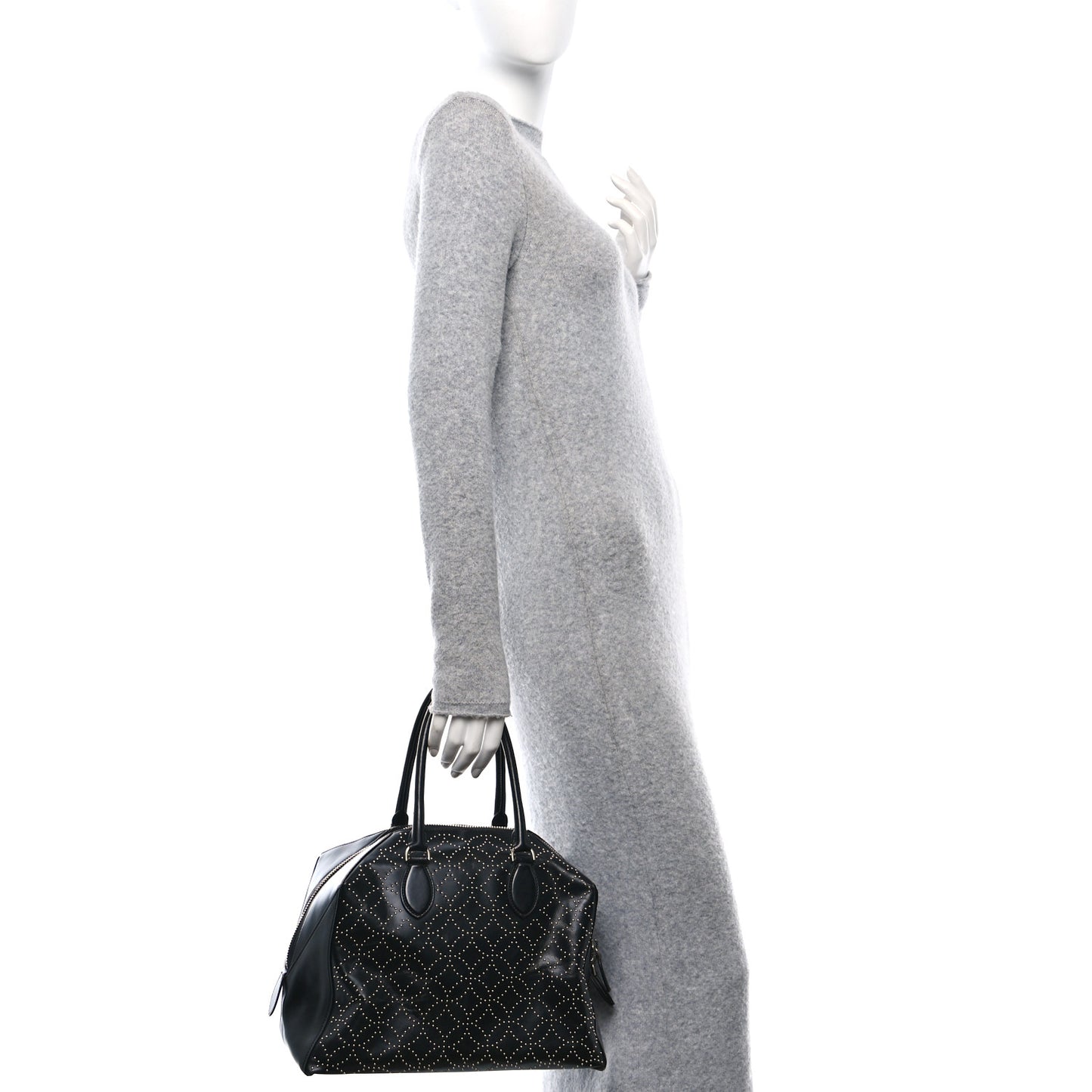 Calfskin Arabesque Studded Top Handle Bag Black