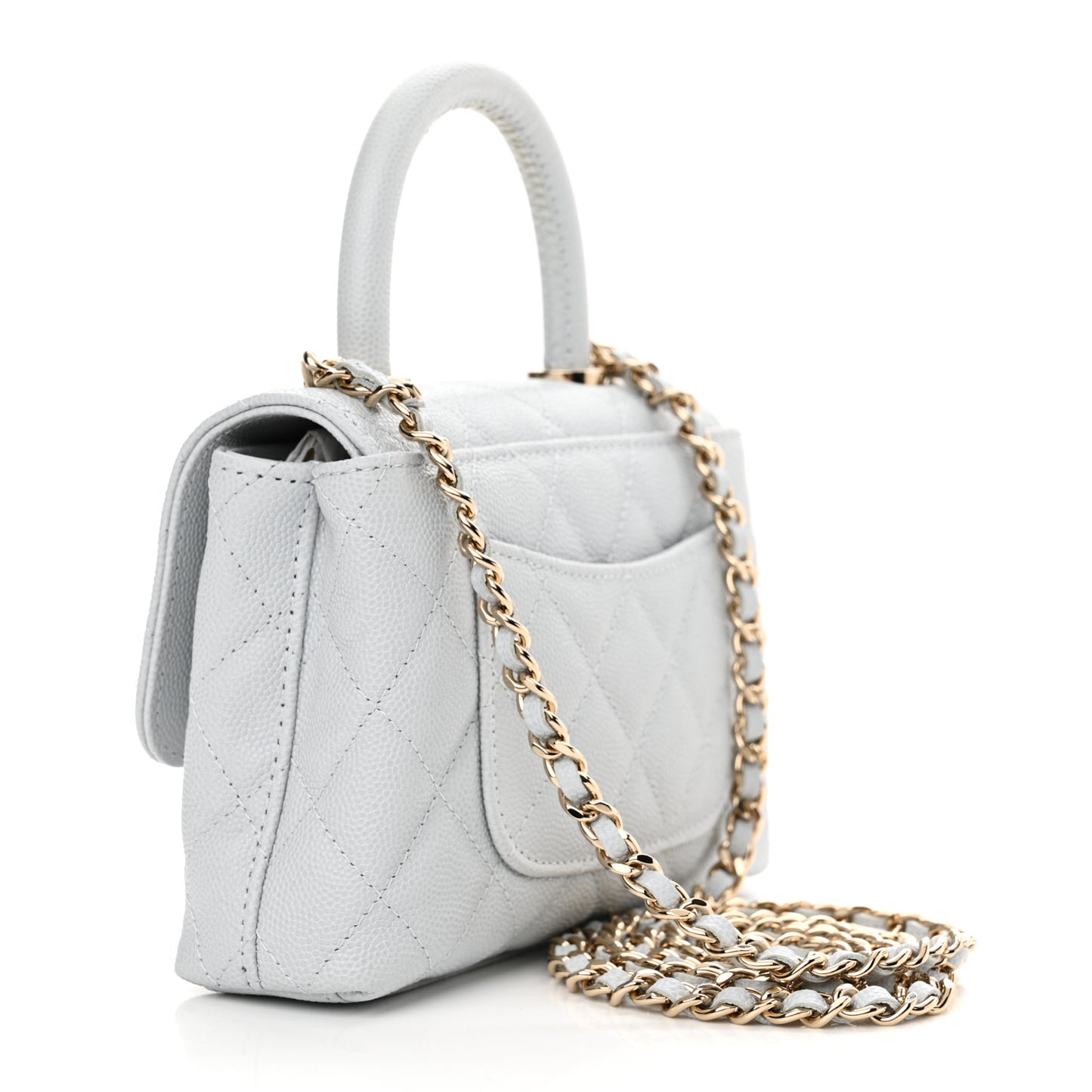 Caviar Quilted Coco Handle Clutch With Chain Light Blue