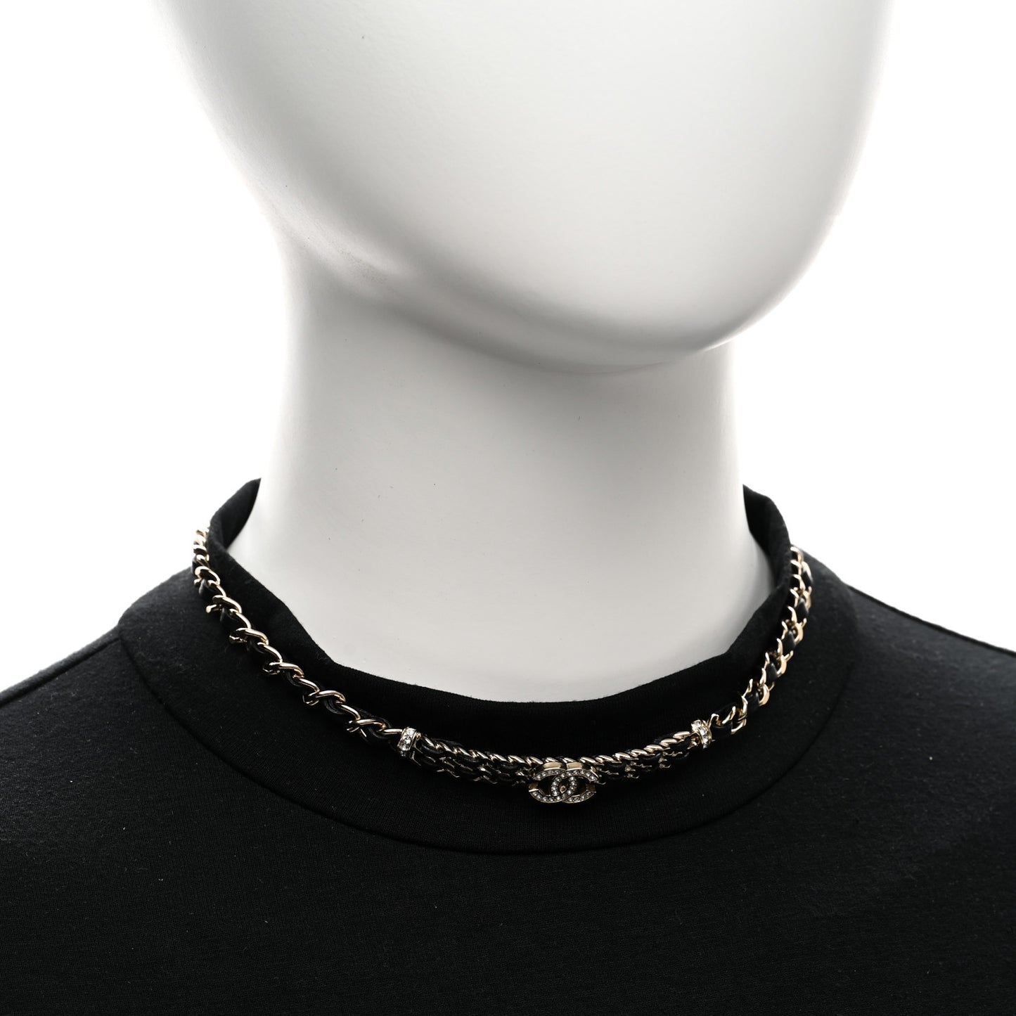Metal Lambskin Crystal CC Choker Necklace Black Gold