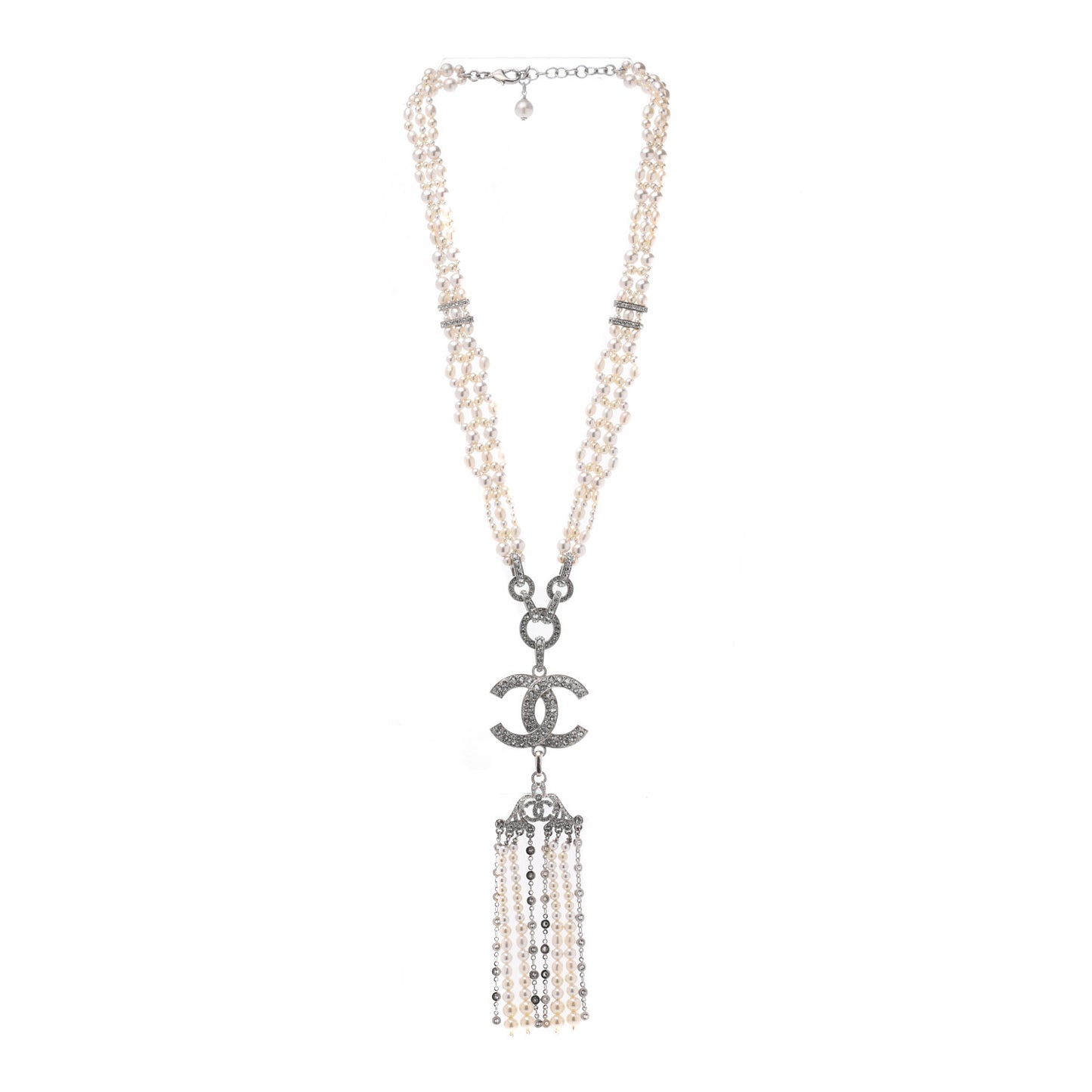 Crystal Pearl CC Drop Necklace Silver