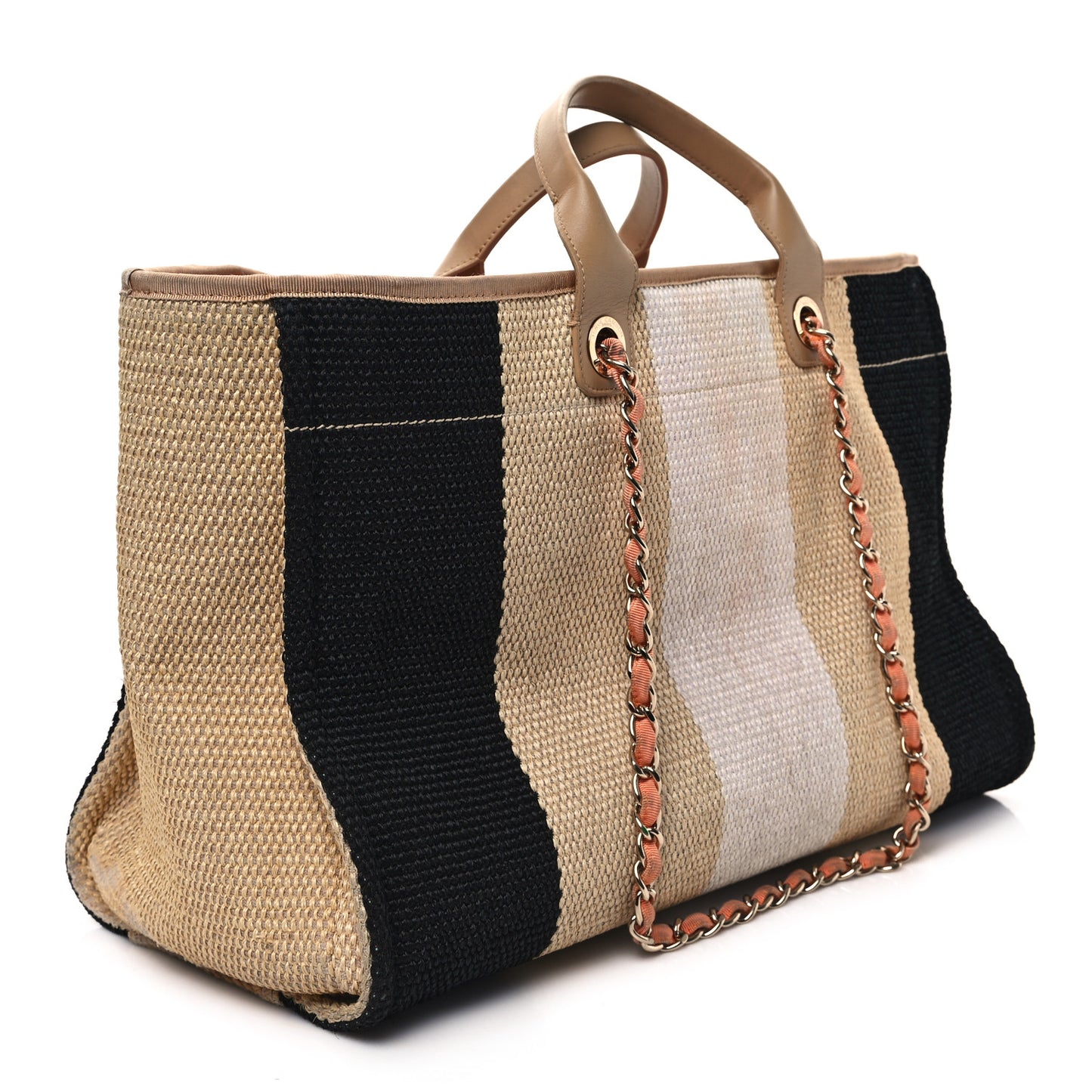 Straw Raffia Calfskin Striped Large Deauville Tote Black Beige Ivory